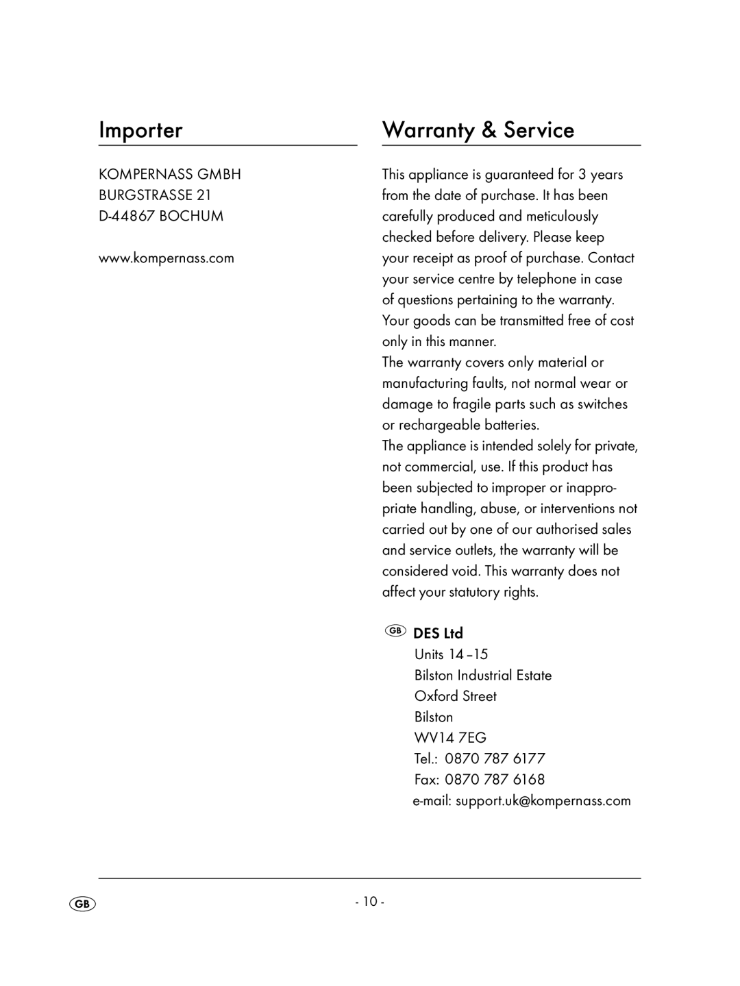 Kompernass KH 2236 operating instructions Importer Warranty & Service 