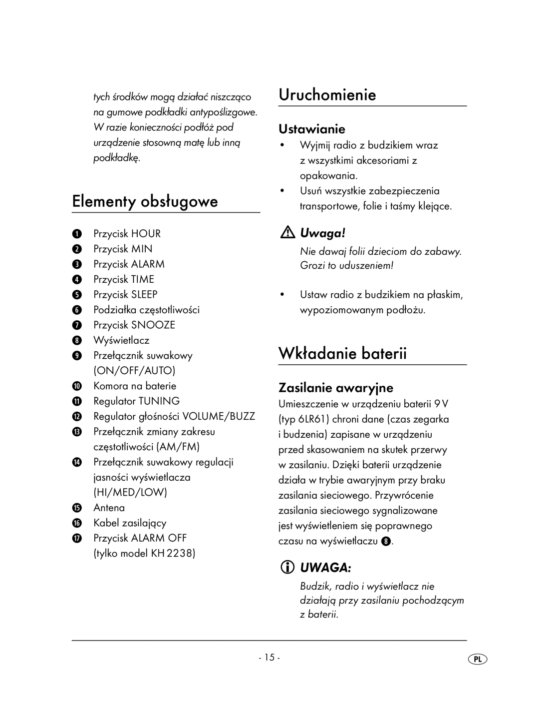 Kompernass KH 2236 operating instructions Elementy obsługowe, Uruchomienie, Wkładanie baterii, Uwaga 