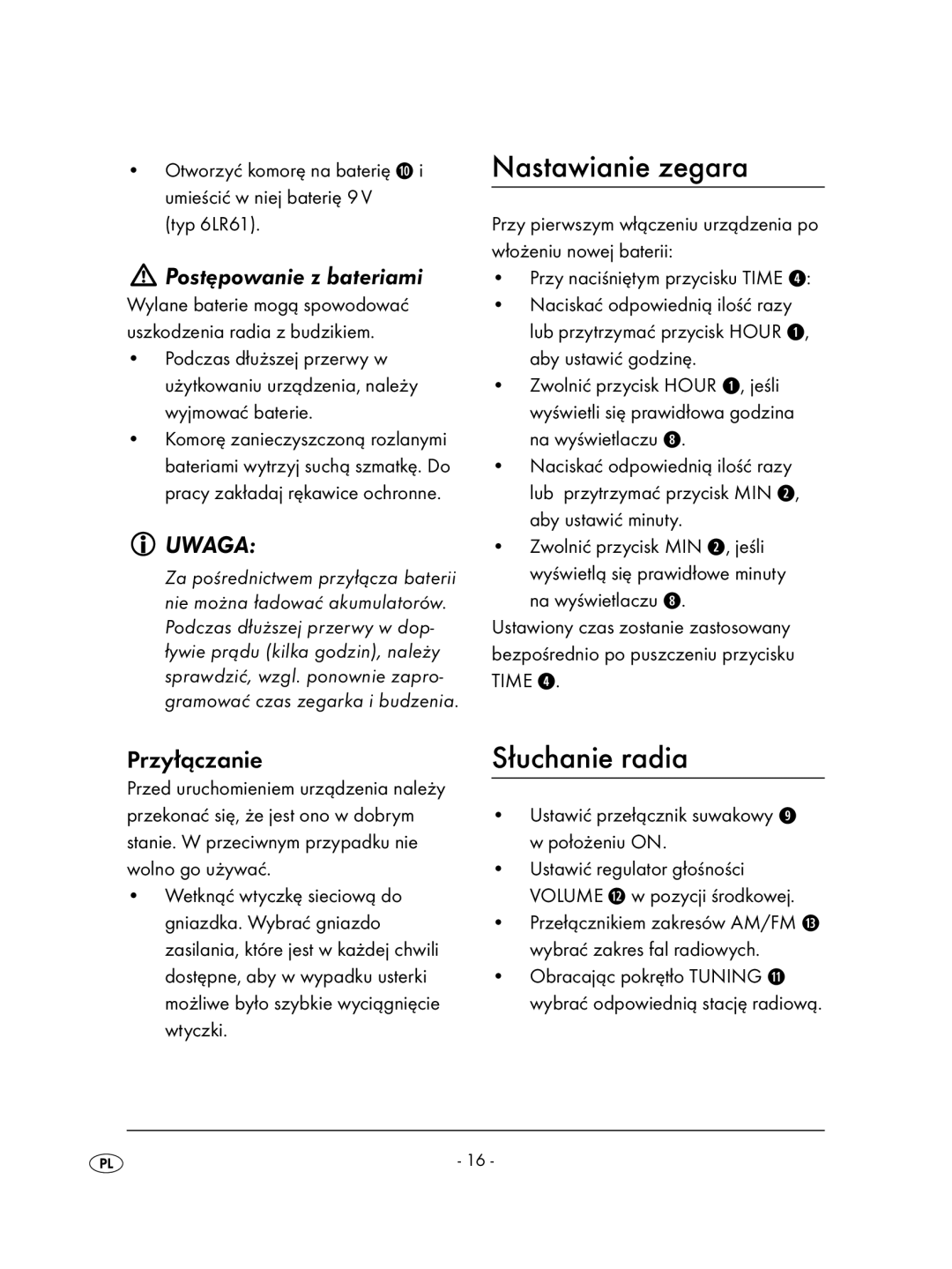 Kompernass KH 2236 operating instructions Nastawianie zegara, Słuchanie radia, Postępowanie z bateriami, Przyłączanie 