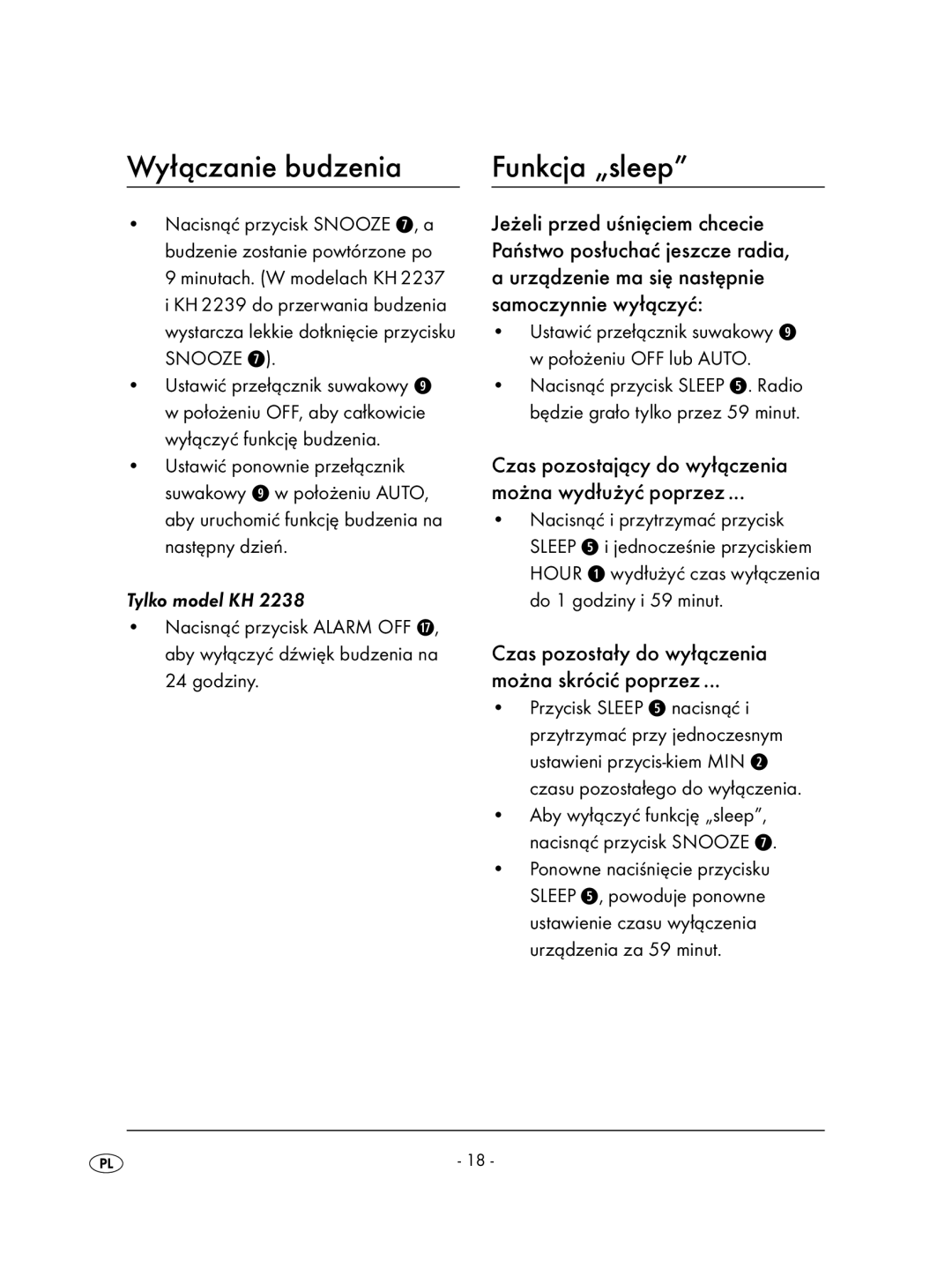 Kompernass KH 2236 Wyłączanie budzenia, Funkcja „sleep, Czas pozostający do wyłączenia Można wydłużyć poprzez 