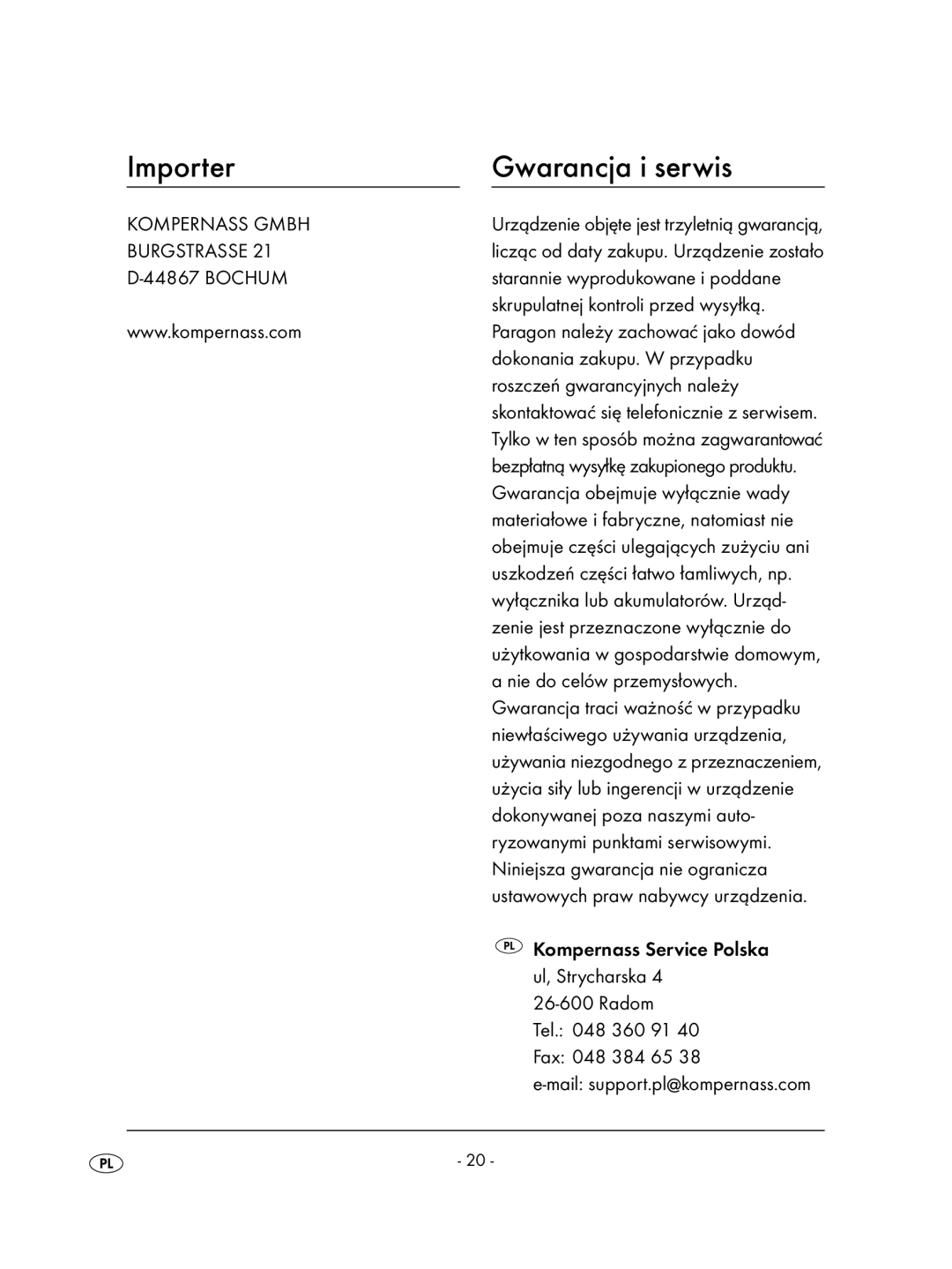 Kompernass KH 2236 operating instructions Importer Gwarancja i serwis 