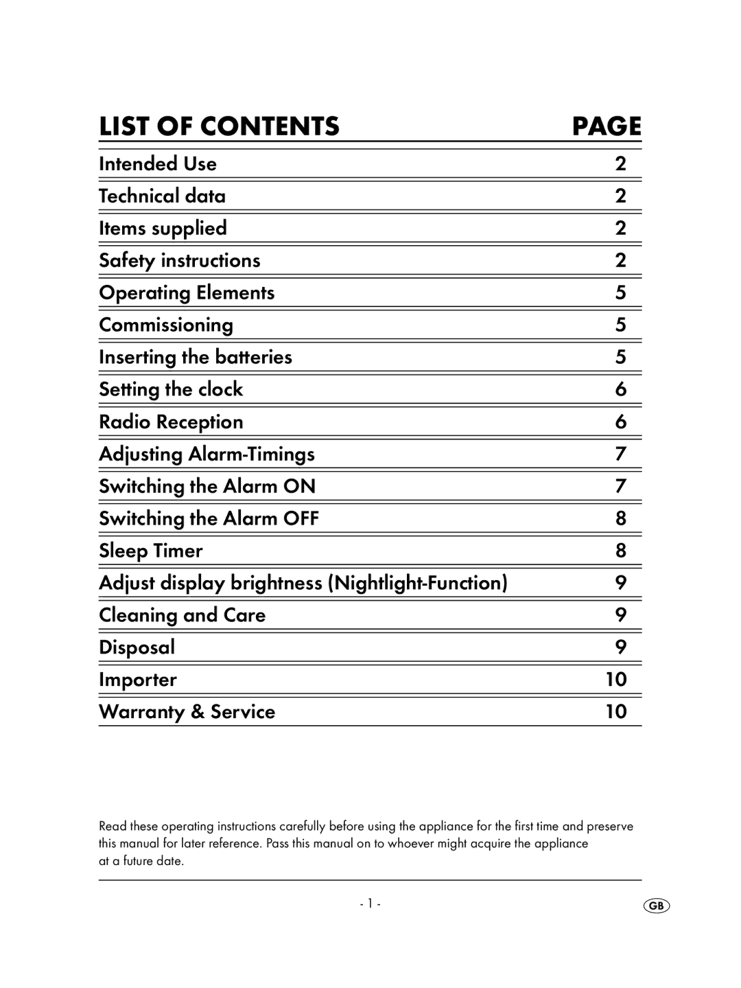 Kompernass KH 2236 operating instructions List of Contents 