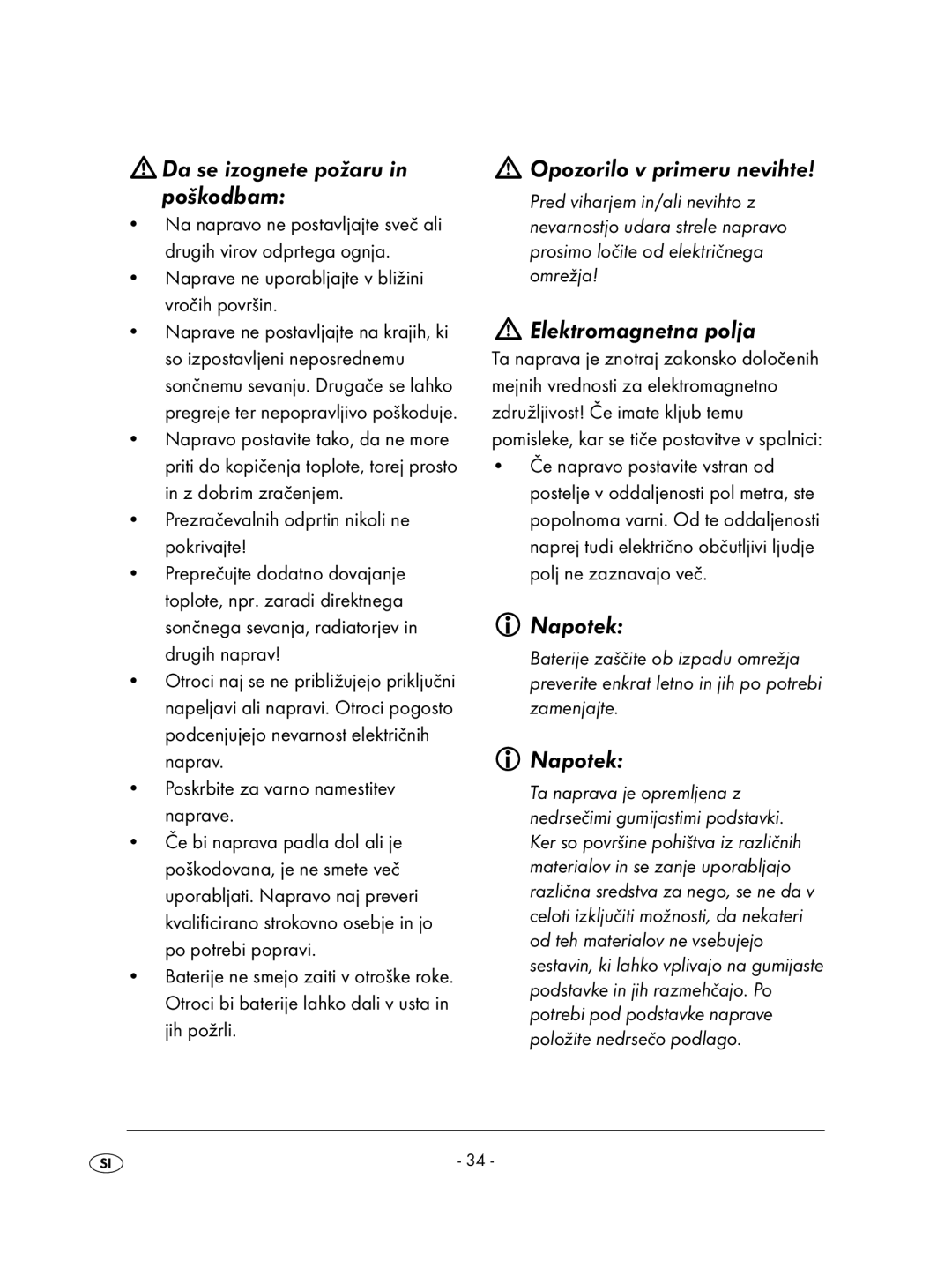 Kompernass KH 2236 Da se izognete požaru in poškodbam, Opozorilo v primeru nevihte, Elektromagnetna polja, Napotek 