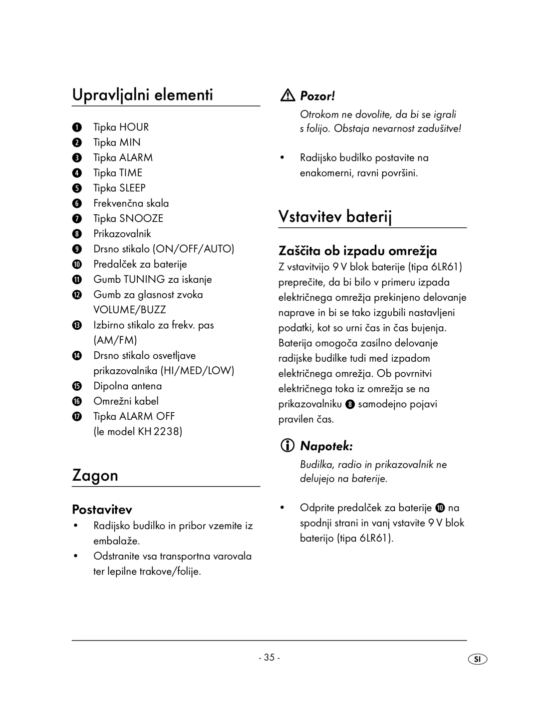 Kompernass KH 2236 operating instructions Upravljalni elementi, Zagon, Vstavitev baterij, Pozor 