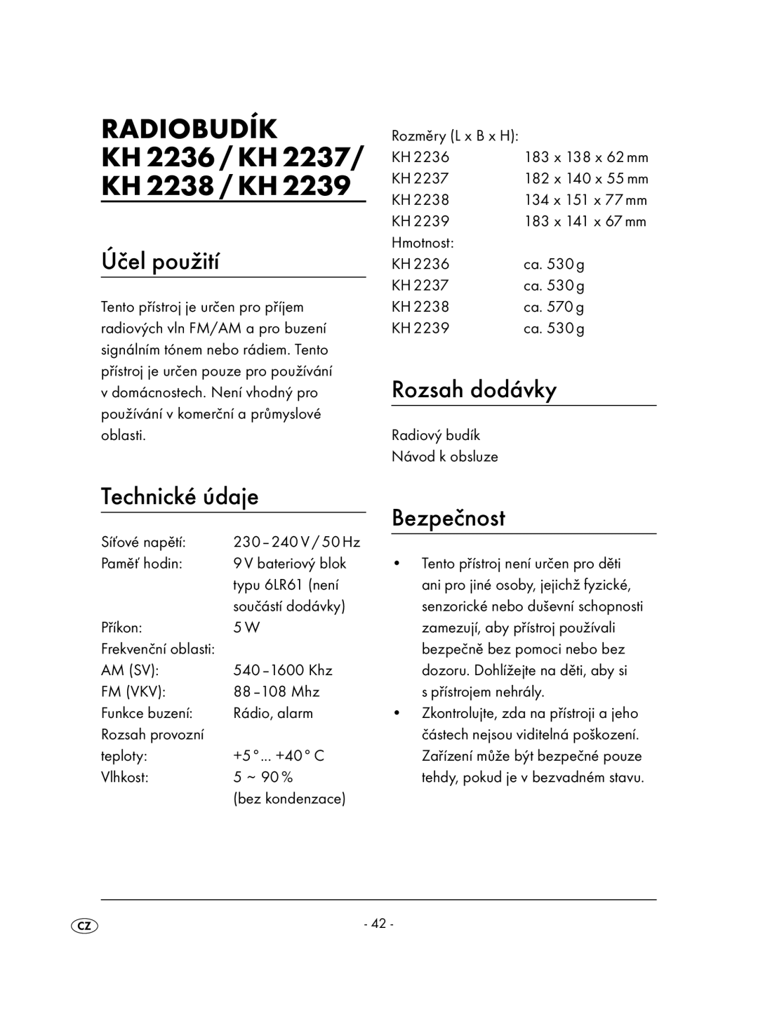 Kompernass KH 2236 operating instructions Radiobudík, Účel použití, Rozsah dodávky, Technické údaje Bezpečnost 