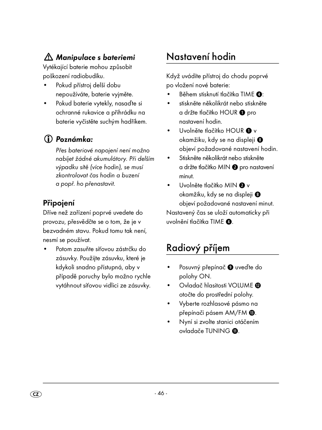 Kompernass KH 2236 operating instructions Nastavení hodin, Radiový příjem, Manipulace s bateriemi, Připojení 