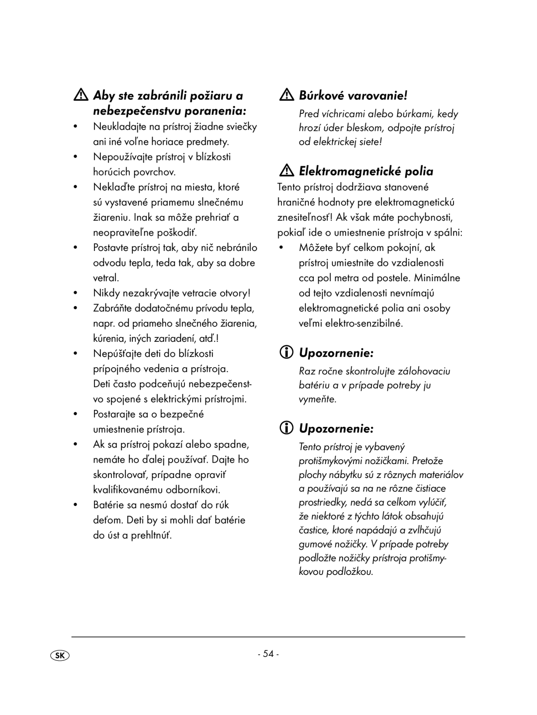 Kompernass KH 2236 operating instructions Búrkové varovanie, Elektromagnetické polia, Upozornenie 