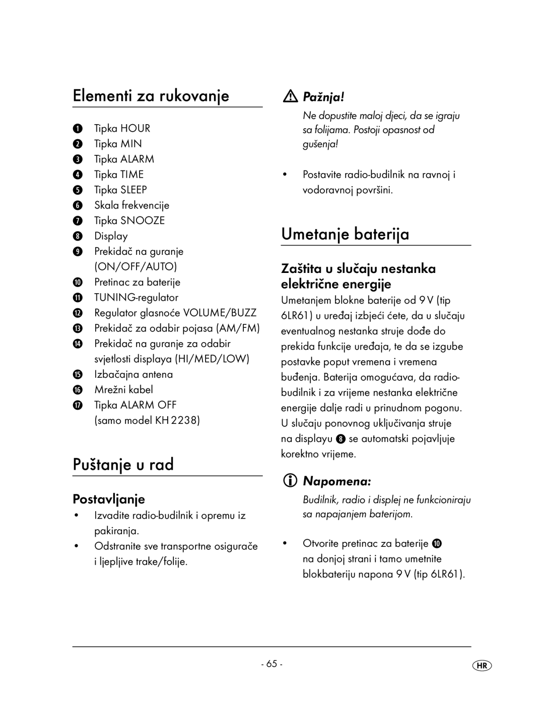 Kompernass KH 2236 operating instructions Elementi za rukovanje, Puštanje u rad, Umetanje baterija, Postavljanje, Pažnja 