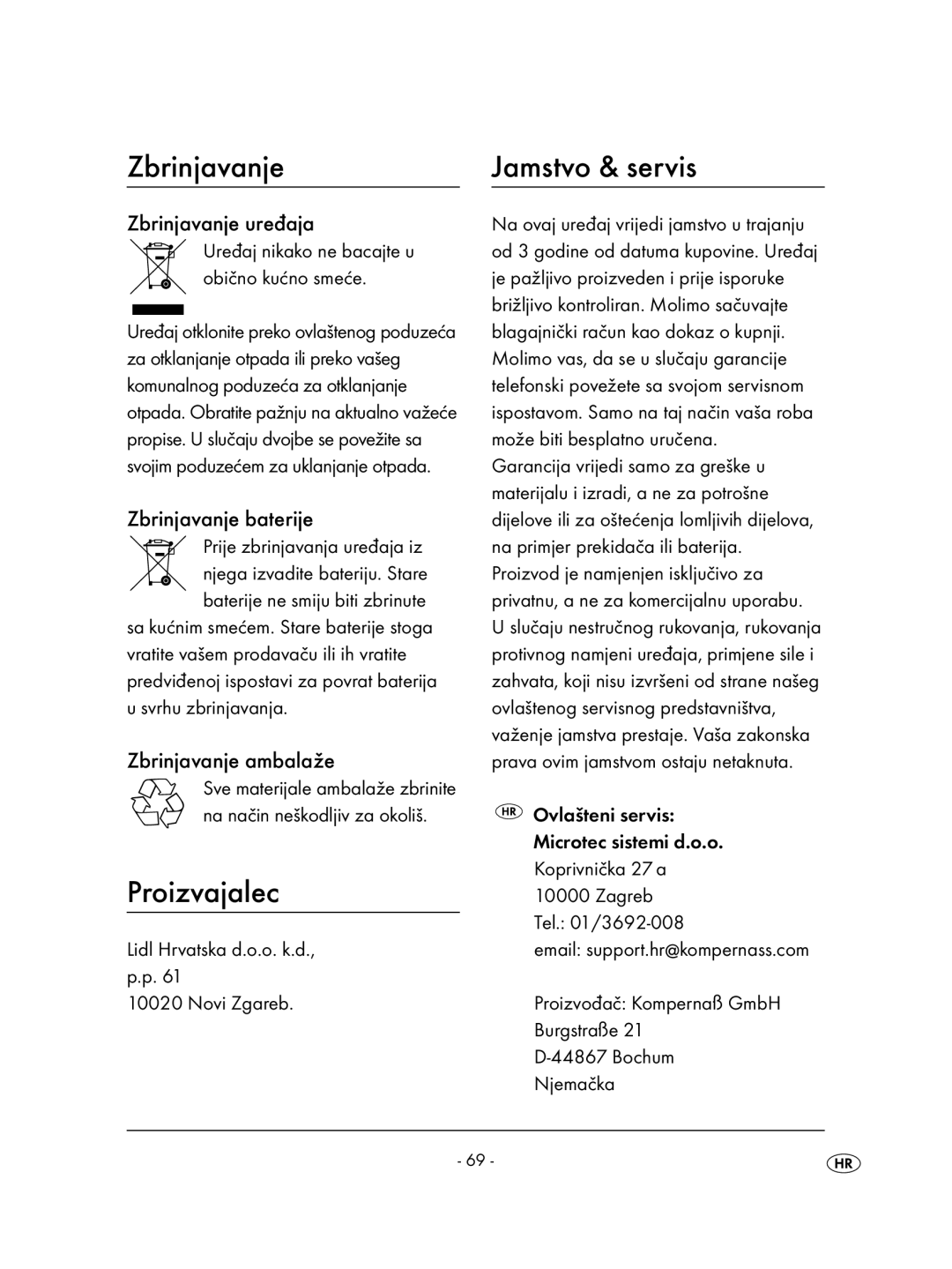 Kompernass KH 2236 operating instructions Zbrinjavanje, Proizvajalec, Jamstvo & servis 