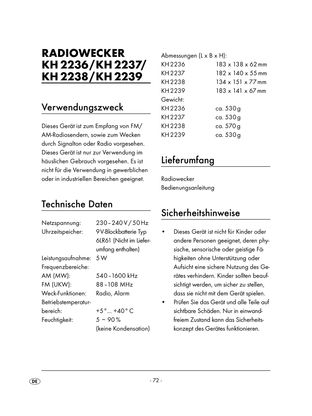 Kompernass KH 2236 operating instructions Radiowecker, Verwendungszweck, Lieferumfang, Technische Daten Sicherheitshinweise 