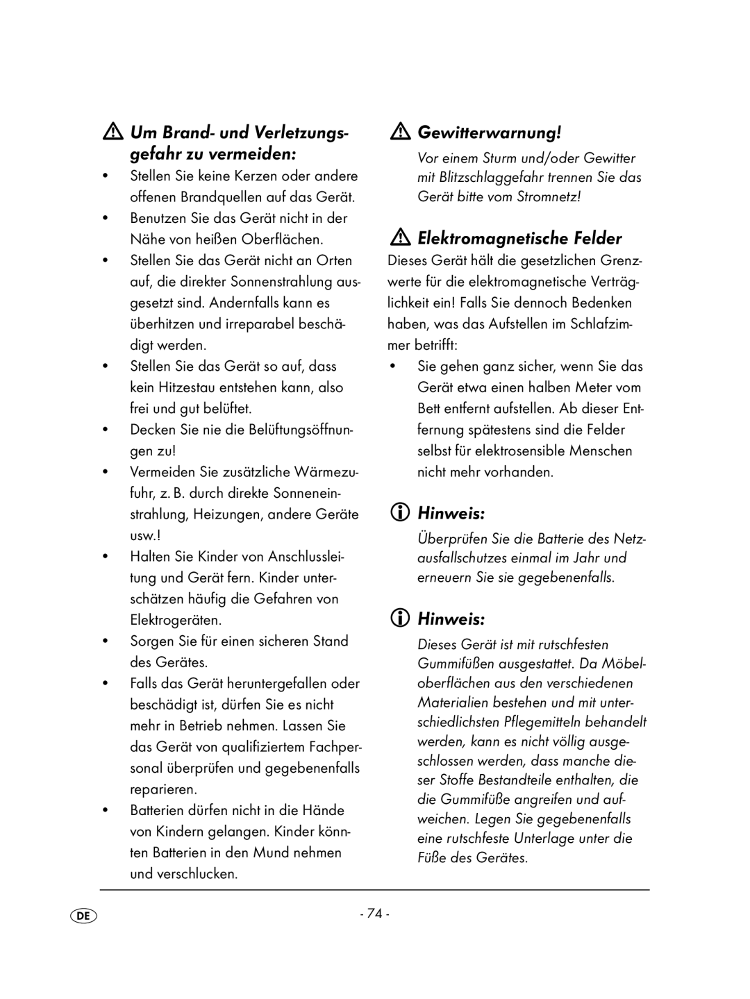 Kompernass KH 2236 Gewitterwarnung, Elektromagnetische Felder, Hinweis, Um Brand- und Verletzungs- gefahr zu vermeiden 