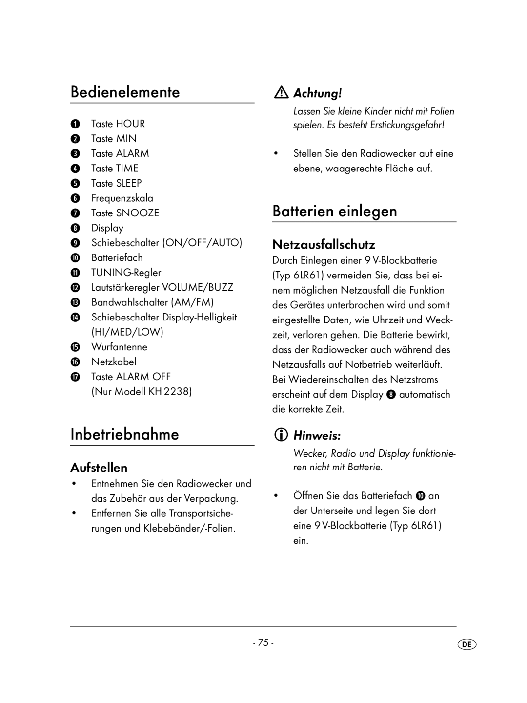 Kompernass KH 2236 operating instructions Bedienelemente, Batterien einlegen, Inbetriebnahme, Achtung 