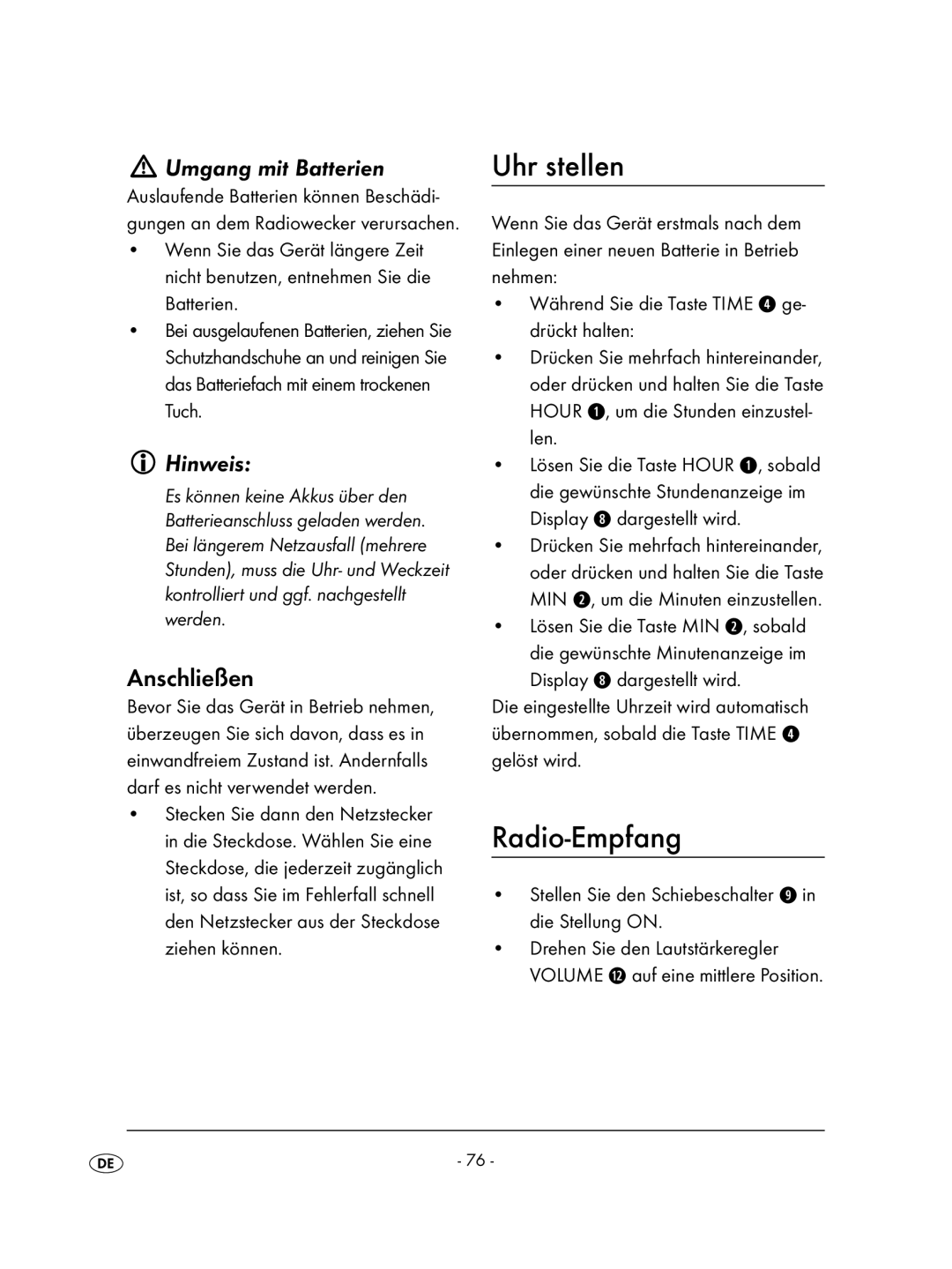 Kompernass KH 2236 operating instructions Uhr stellen, Radio-Empfang, Umgang mit Batterien, Anschließen 