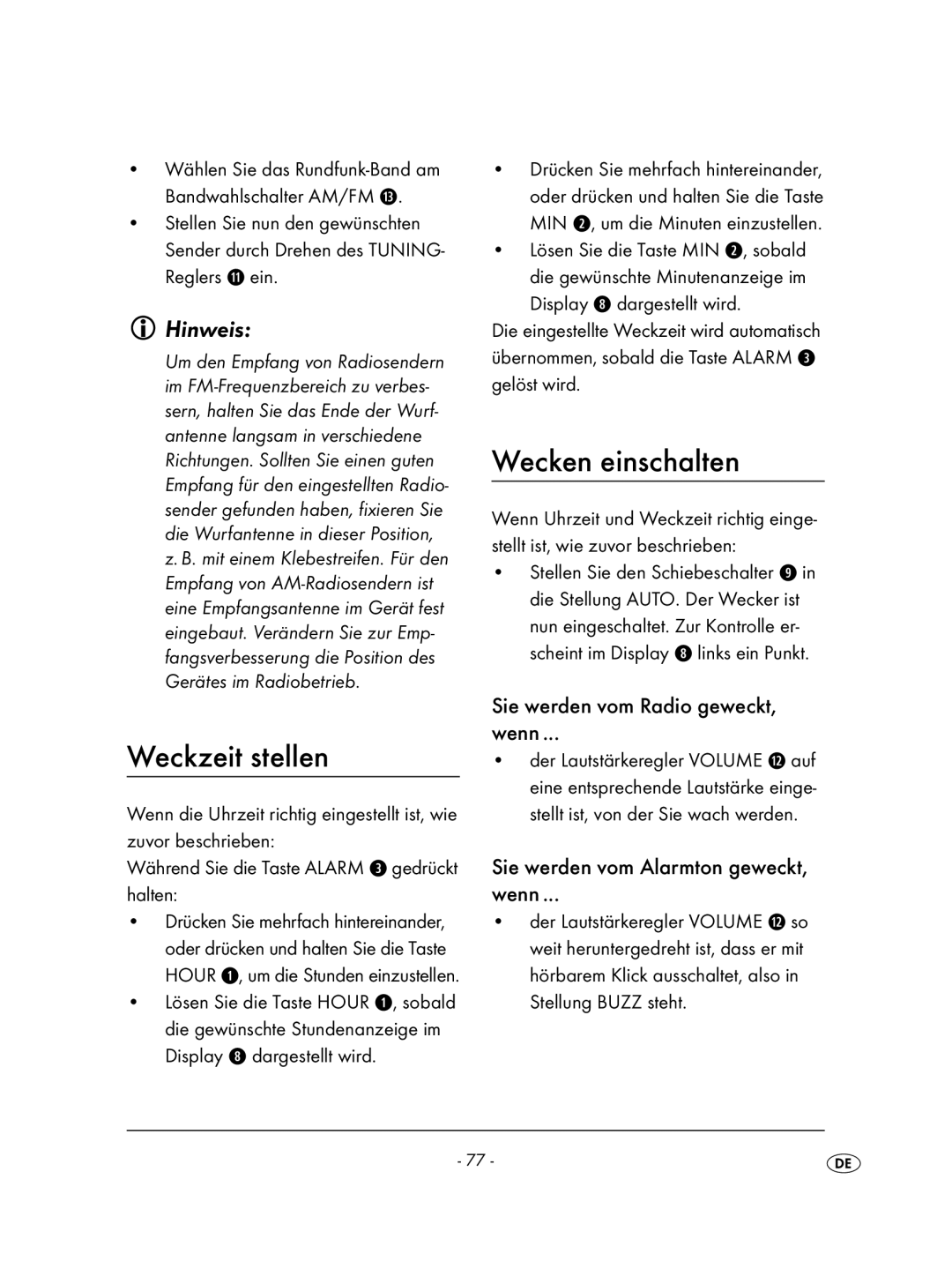 Kompernass KH 2236 operating instructions Weckzeit stellen, Wecken einschalten, Sie werden vom Radio geweckt Wenn 