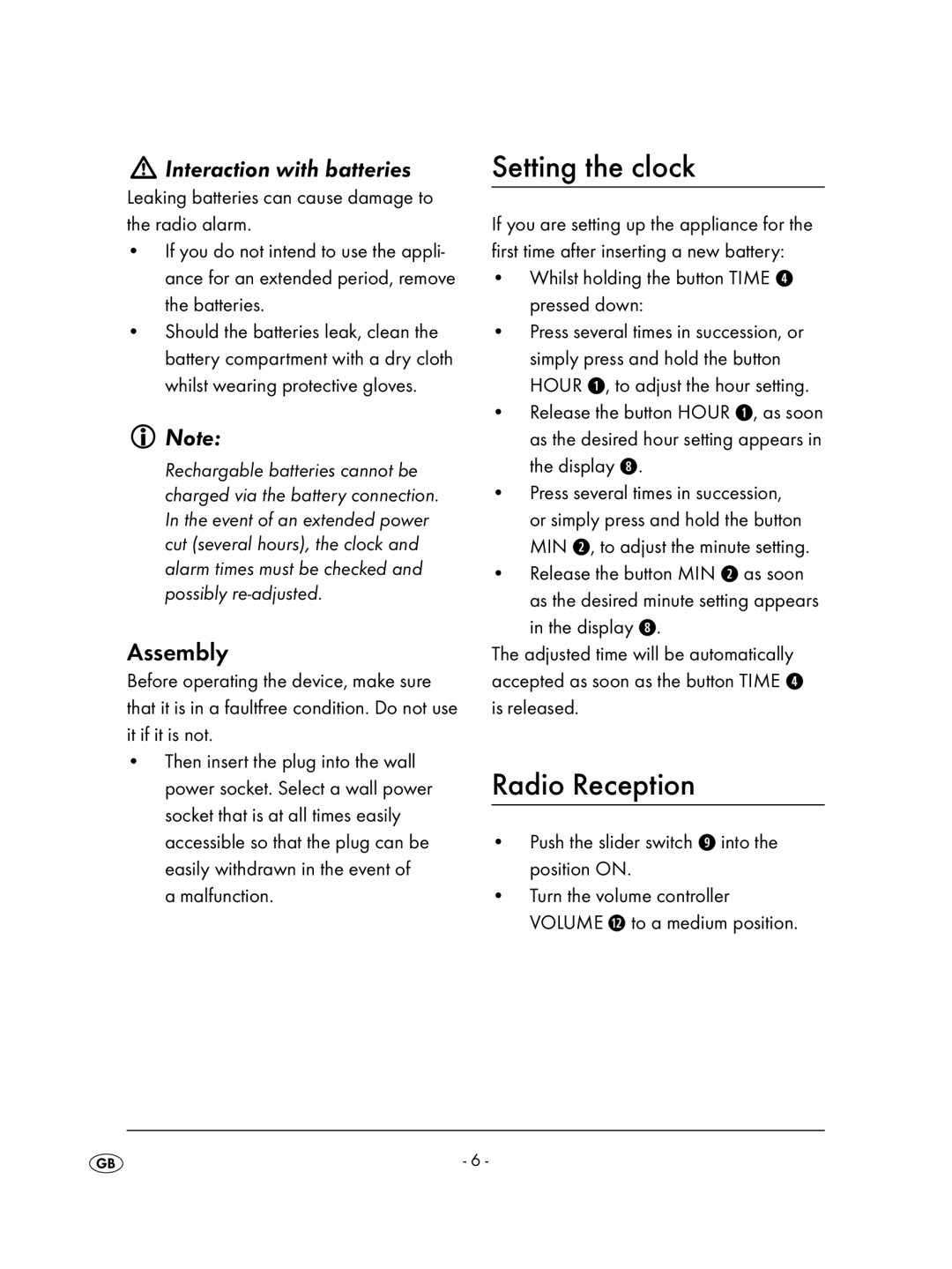 Kompernass KH 2236 operating instructions Setting the clock, Radio Reception, Interaction with batteries, Assembly 