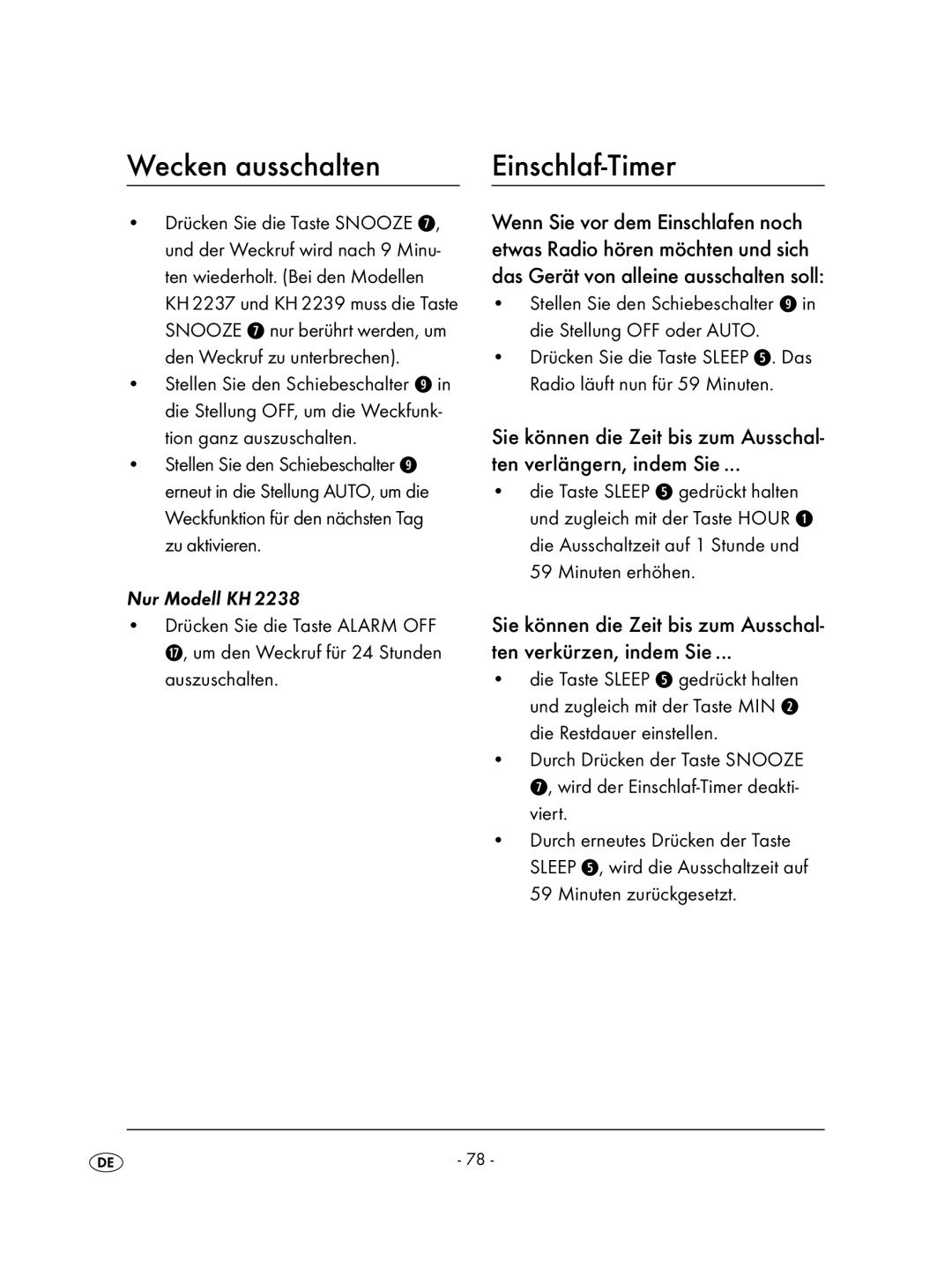 Kompernass KH 2236 operating instructions Wecken ausschalten, Nur Modell KH 