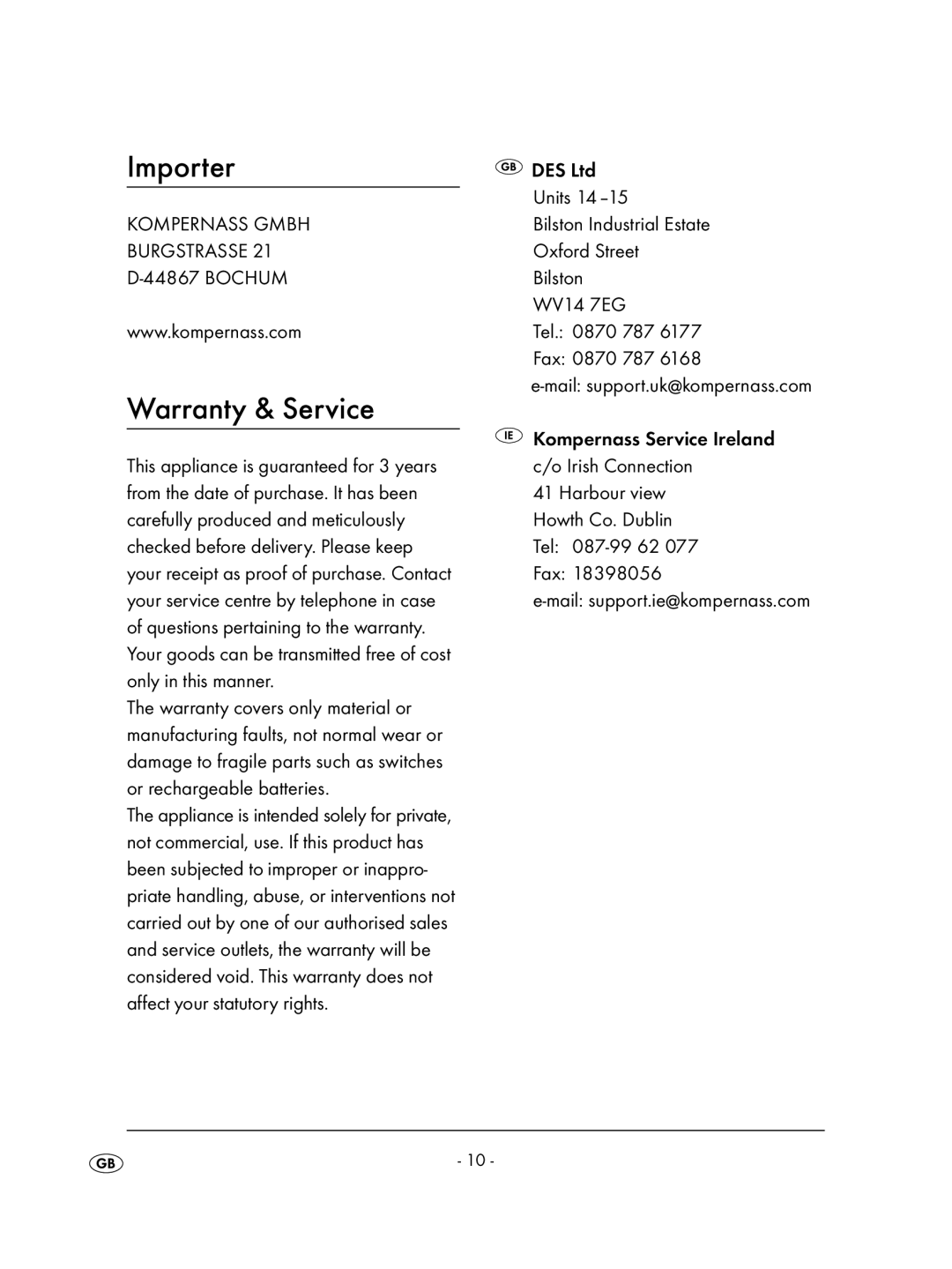 Kompernass KH 2239, KH 2237, KH 2238, KH 2257 operating instructions Importer, Warranty & Service 