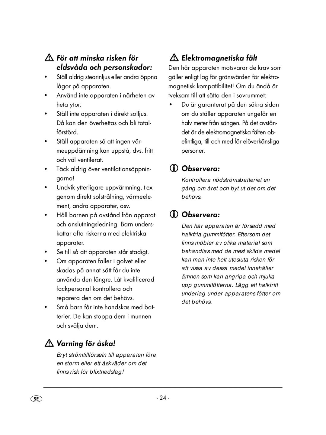 Kompernass KH 2238, KH 2239, KH 2237, KH 2257 operating instructions Varning för åska, Elektromagnetiska fält, Observera 