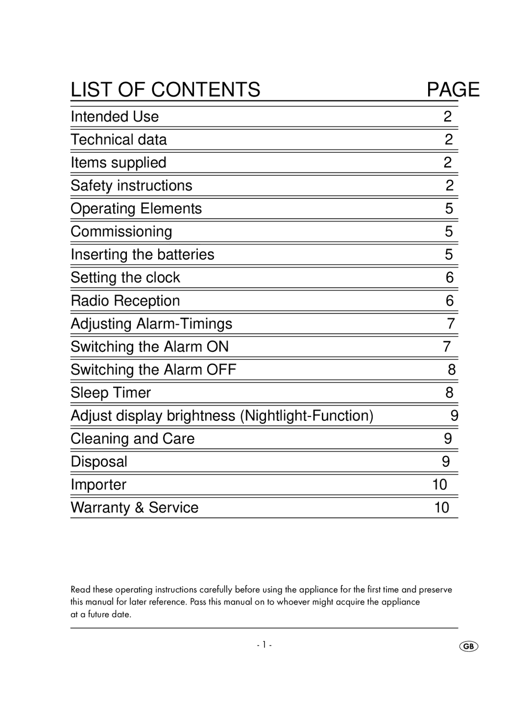 Kompernass KH 2257, KH 2239, KH 2237, KH 2238 operating instructions List of Contents 