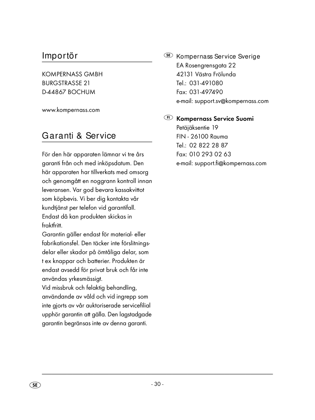 Kompernass KH 2239, KH 2237, KH 2238, KH 2257 operating instructions Importör, Garanti & Service, Kompernass Service Sverige 