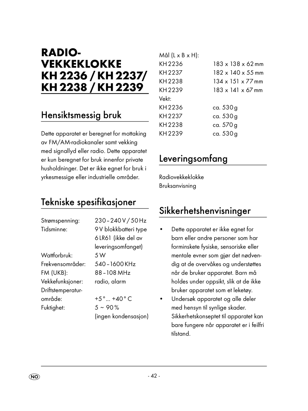 Kompernass KH 2239, KH 2237, KH 2238 Hensiktsmessig bruk, Leveringsomfang, Tekniske spesifikasjoner Sikkerhetshenvisninger 