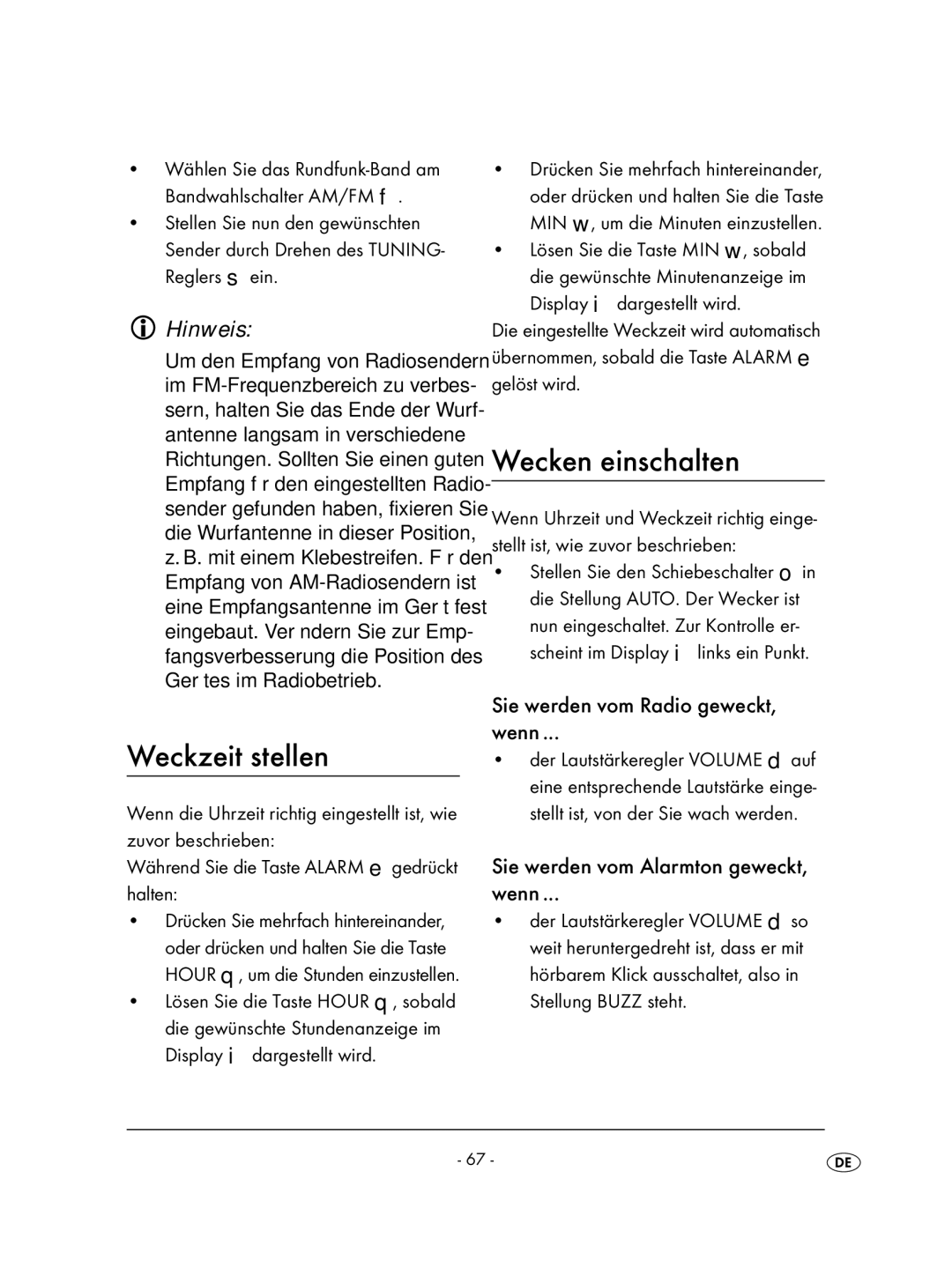 Kompernass KH 2237, KH 2239, KH 2238, KH 2257 Weckzeit stellen, Wecken einschalten, Sie werden vom Radio geweckt Wenn 