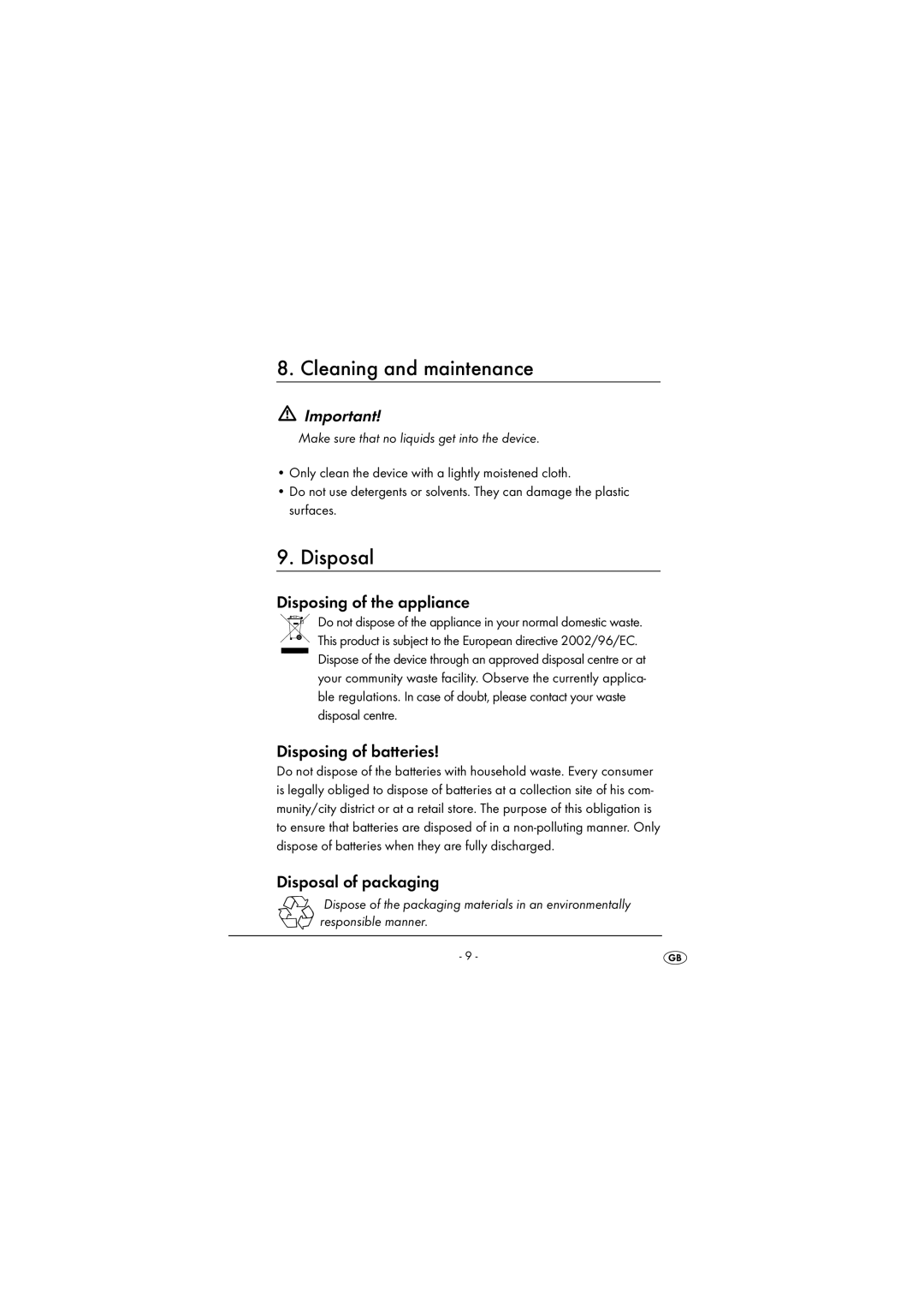 Kompernass KH 224 manual Cleaning and maintenance, Disposal, Disposing of the appliance, Disposing of batteries 