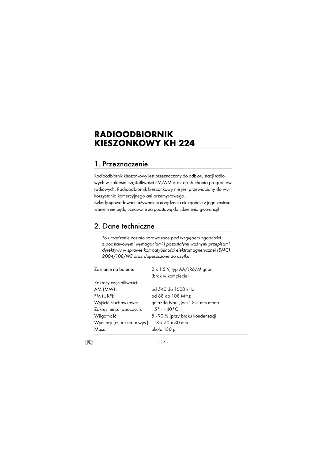 Kompernass KH 224 manual Przeznaczenie, Dane techniczne 