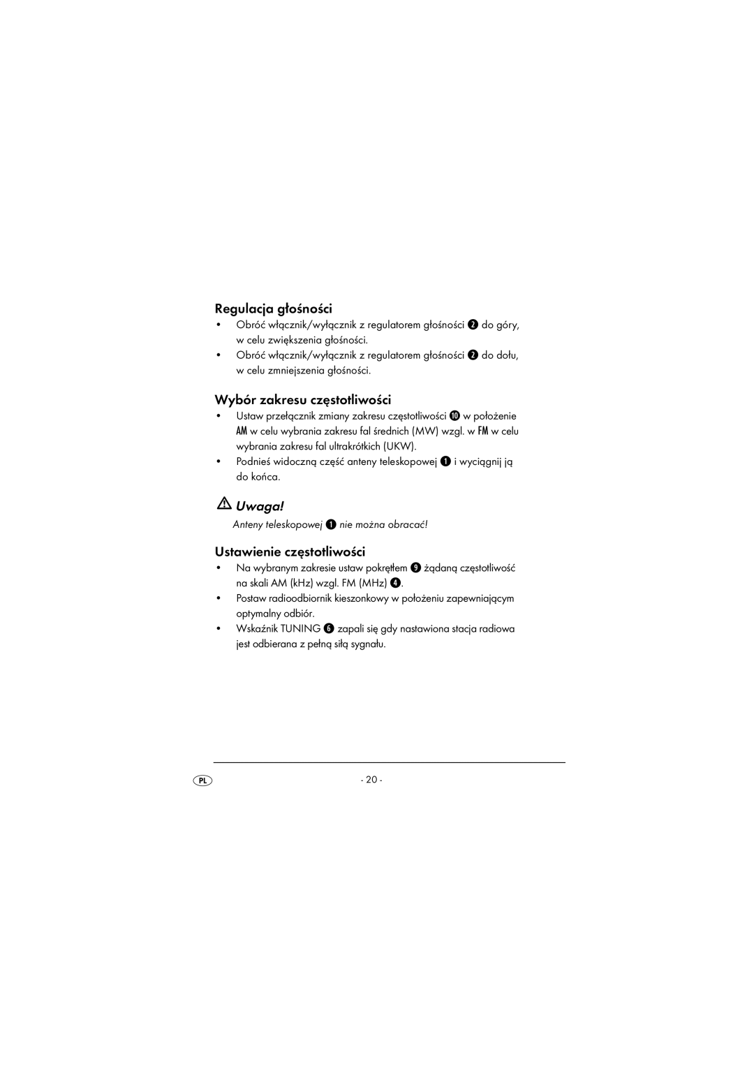 Kompernass KH 224 manual Regulacja głośności, Wybór zakresu częstotliwości, Ustawienie częstotliwości 