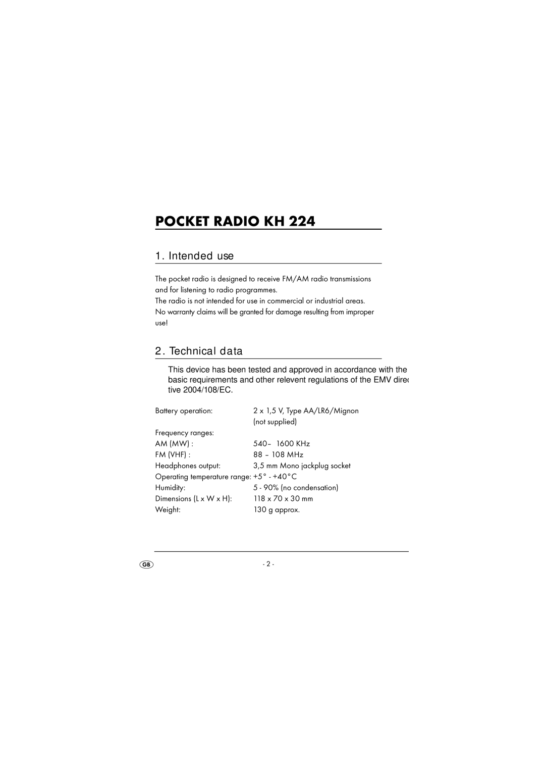 Kompernass KH 224 manual Intended use, Technical data 