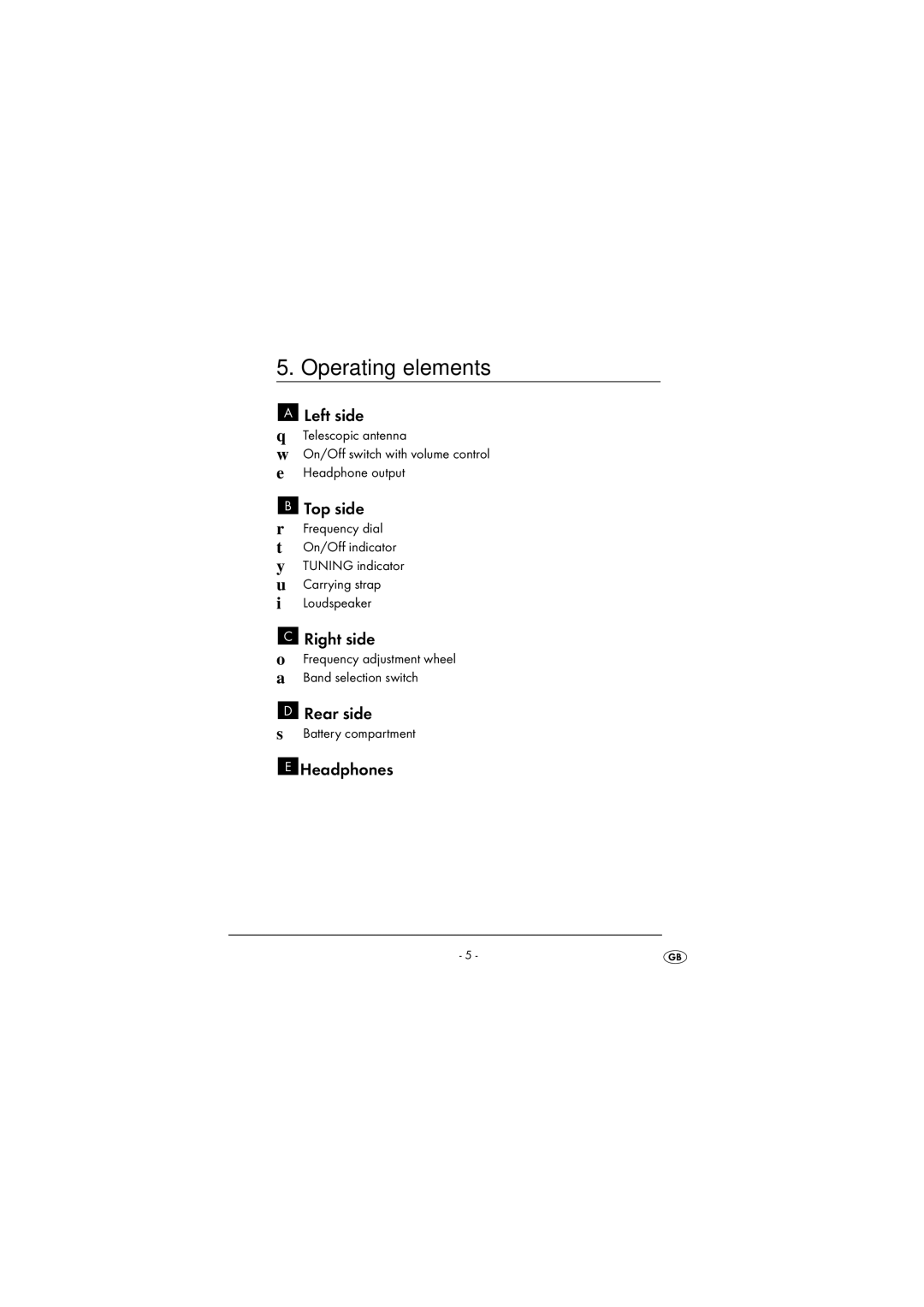 Kompernass KH 224 manual Operating elements, Left side, Right side, Rear side 