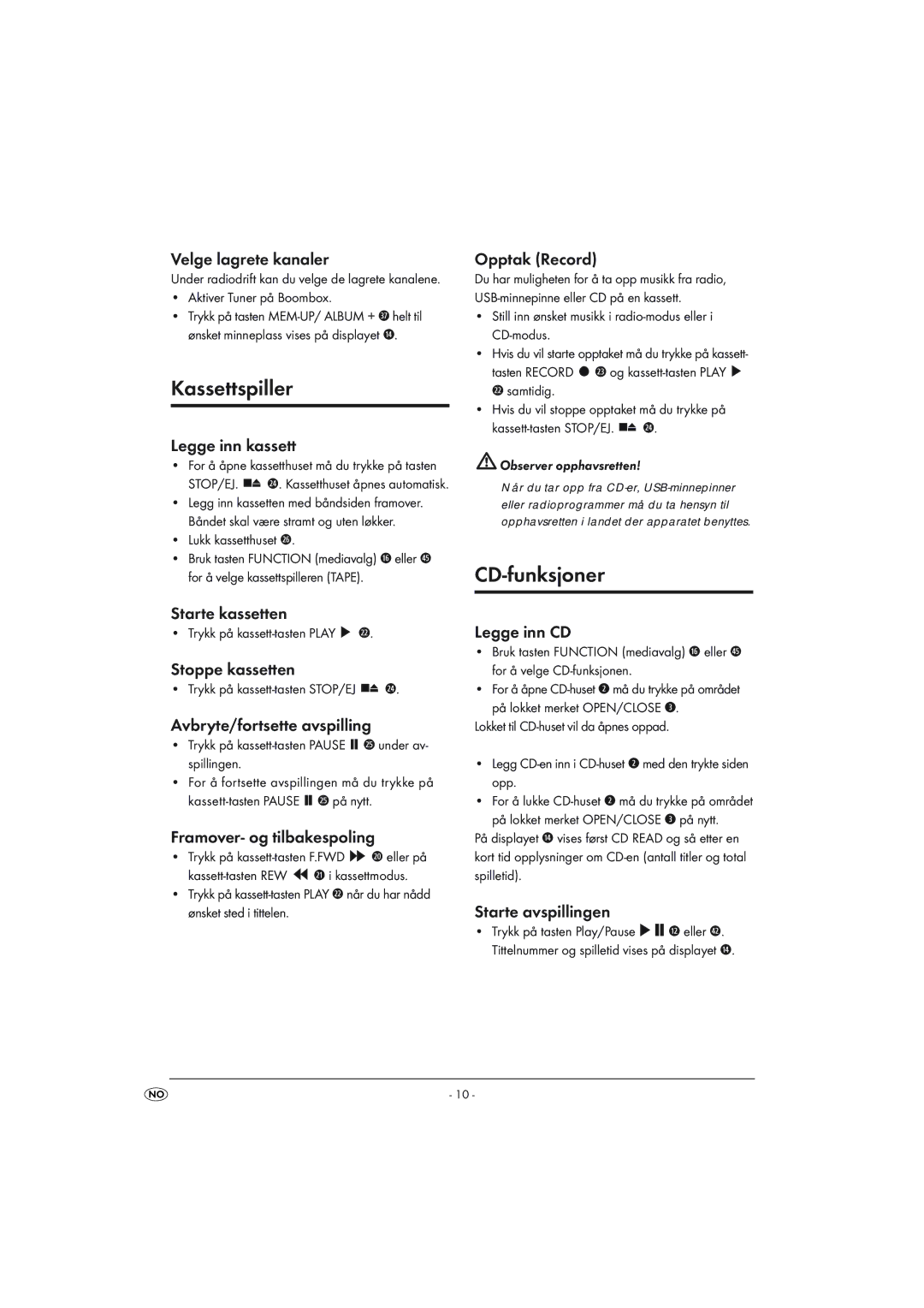 Kompernass KH 2240 manual Kassettspiller, CD-funksjoner 