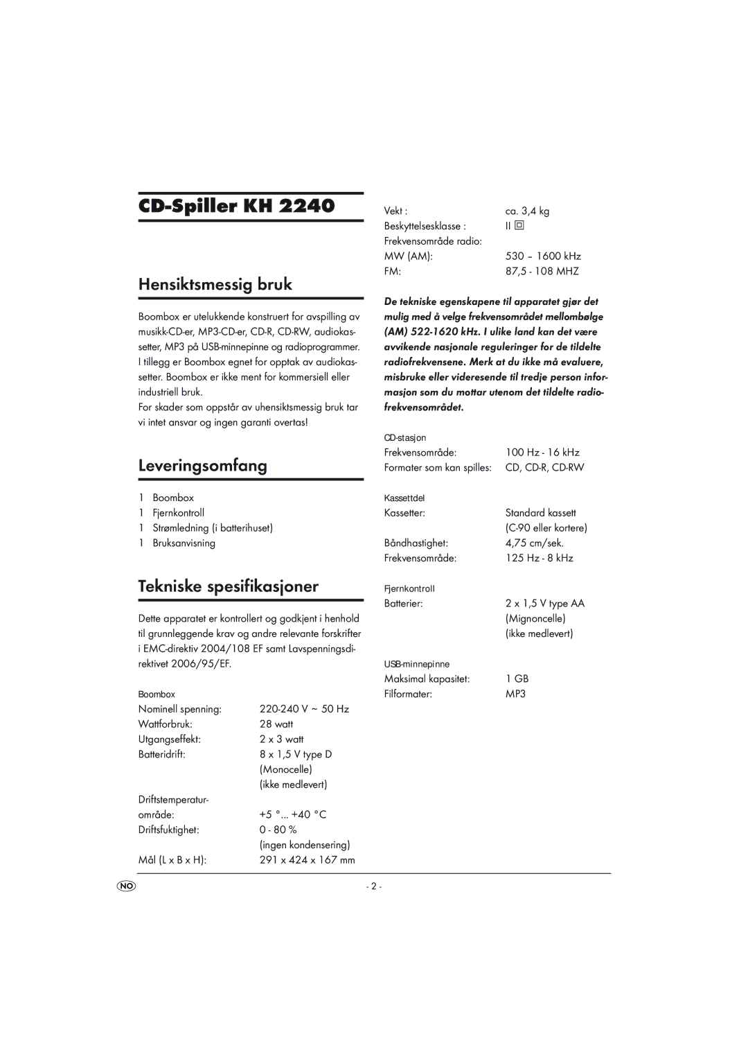 Kompernass KH 2240 manual Hensiktsmessig bruk, Leveringsomfang, Tekniske spesifikasjoner, MP3 