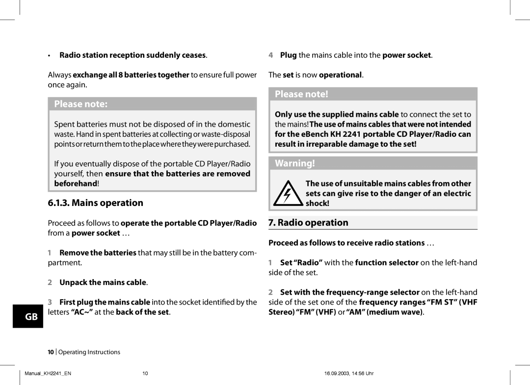 Kompernass KH 2241 operating instructions ... Mains operation, . Radio operation 