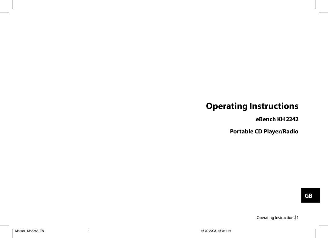 Kompernass KH 2242 operating instructions Operating Instructions, EBench KH  Portable CD Player/Radio 