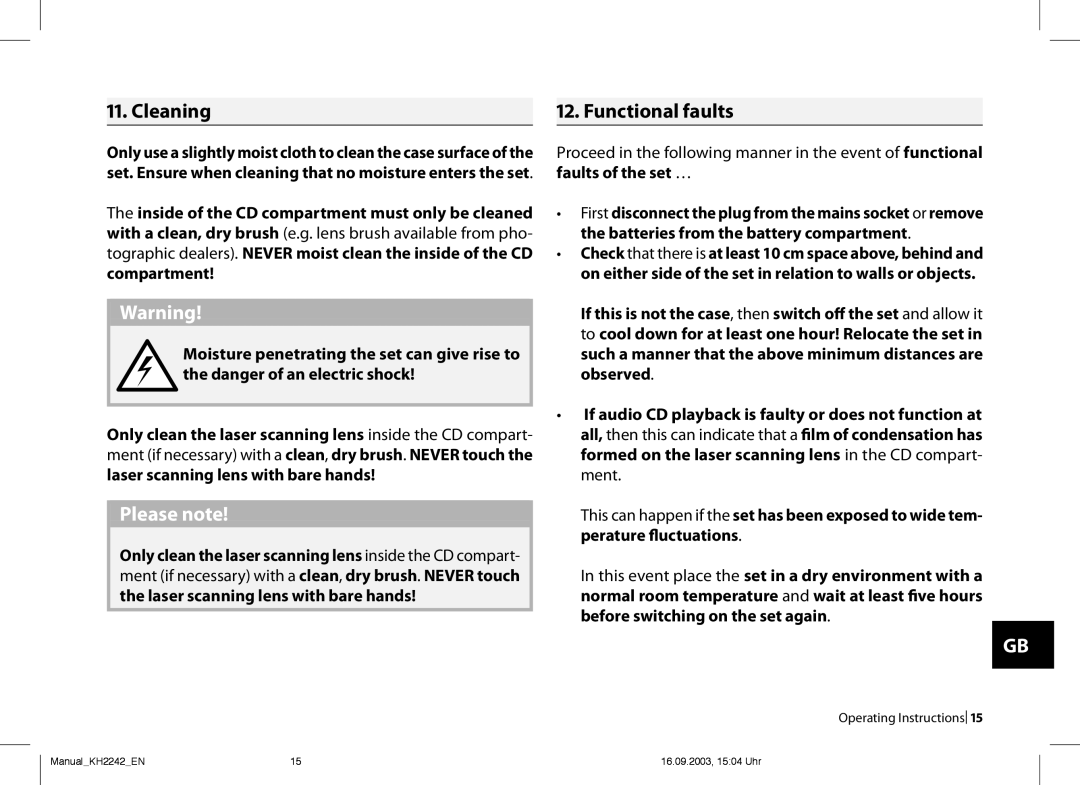 Kompernass KH 2242 operating instructions . Cleaning, . Functional faults, Faults of the set … 