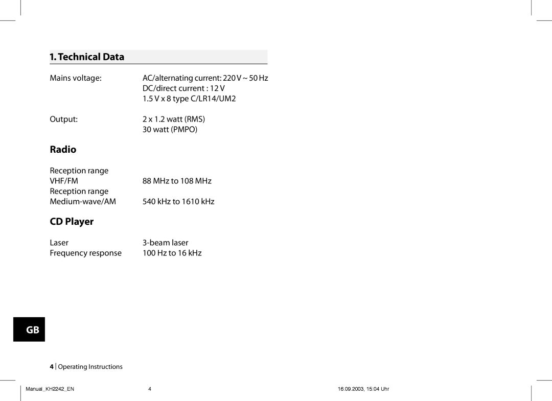 Kompernass KH 2242 operating instructions . Technical Data, Radio, CD Player 