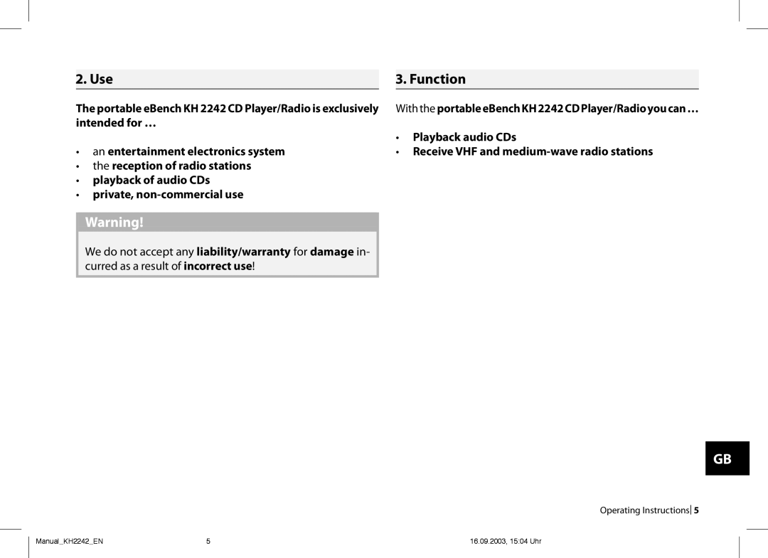 Kompernass KH 2242 operating instructions . Use, . Function 