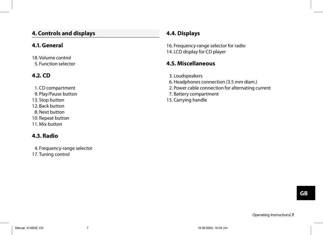 Kompernass KH 2242 . Controls and displays .. Displays .. General, .. Miscellaneous, .. Cd, .. Radio 