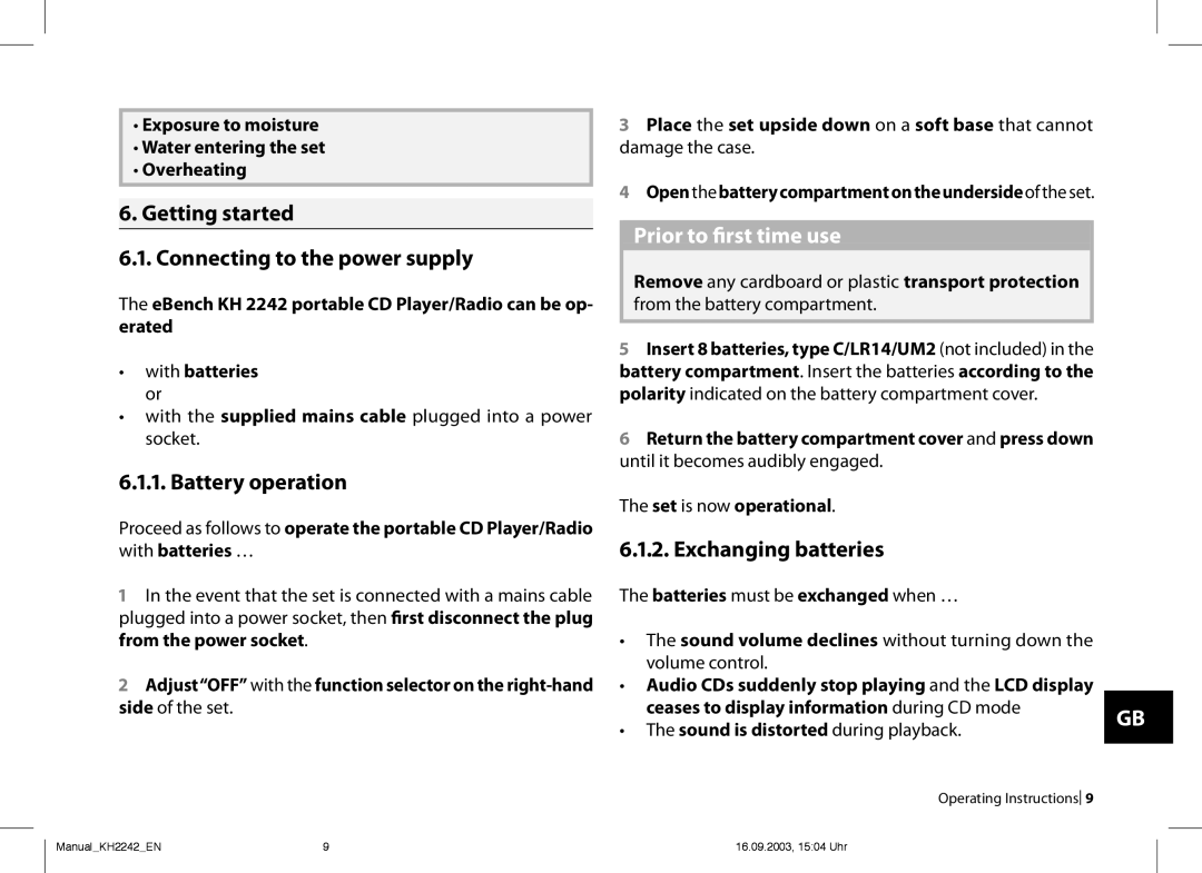 Kompernass KH 2242 operating instructions . Getting started .. Connecting to the power supply, ... Battery operation 