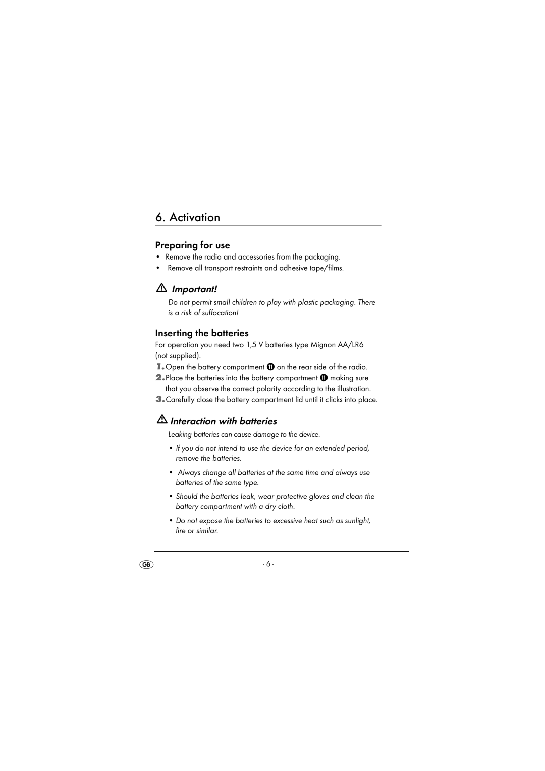 Kompernass KH 2243 manual Activation, Preparing for use, Inserting the batteries, Interaction with batteries 