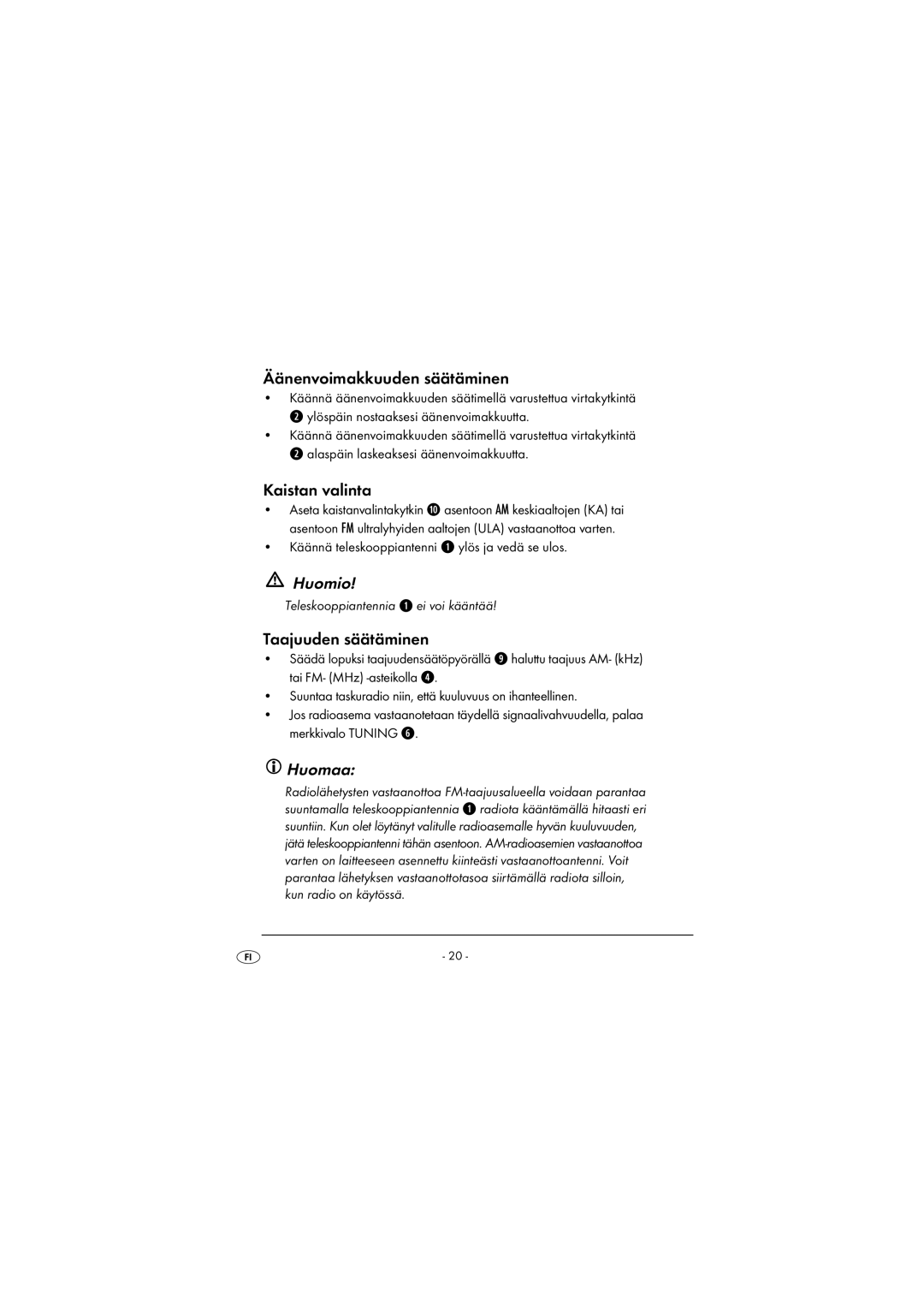 Kompernass KH 2243 manual Äänenvoimakkuuden säätäminen, Kaistan valinta, Taajuuden säätäminen 