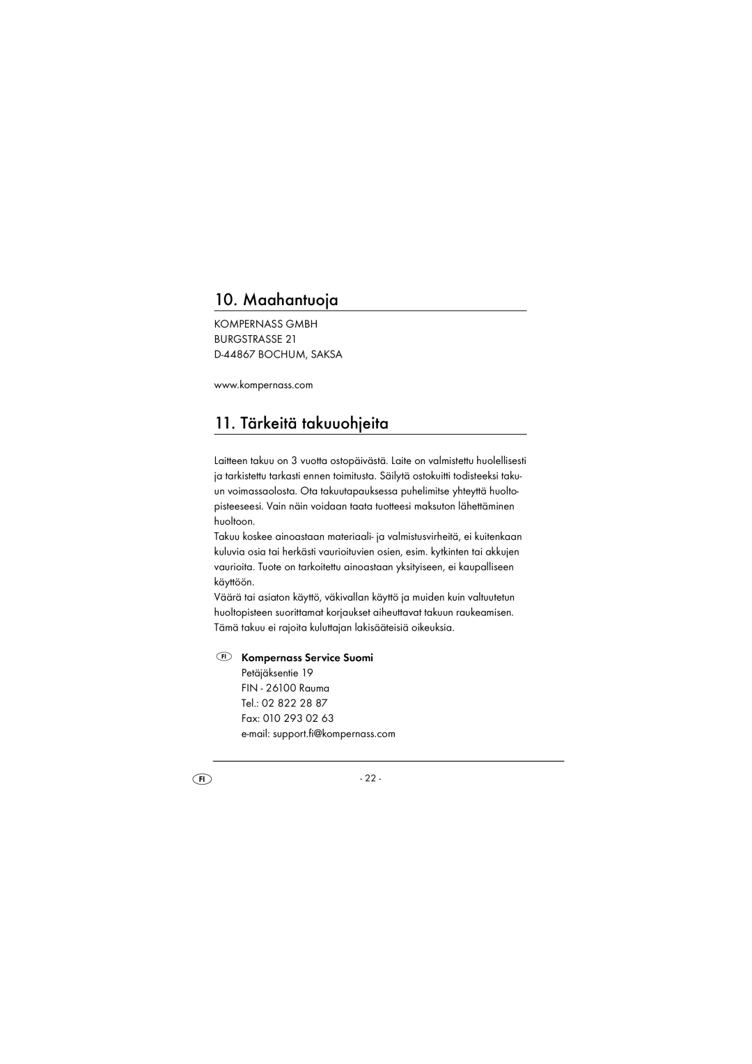 Kompernass KH 2243 manual Maahantuoja, 11. Tärkeitä takuuohjeita 