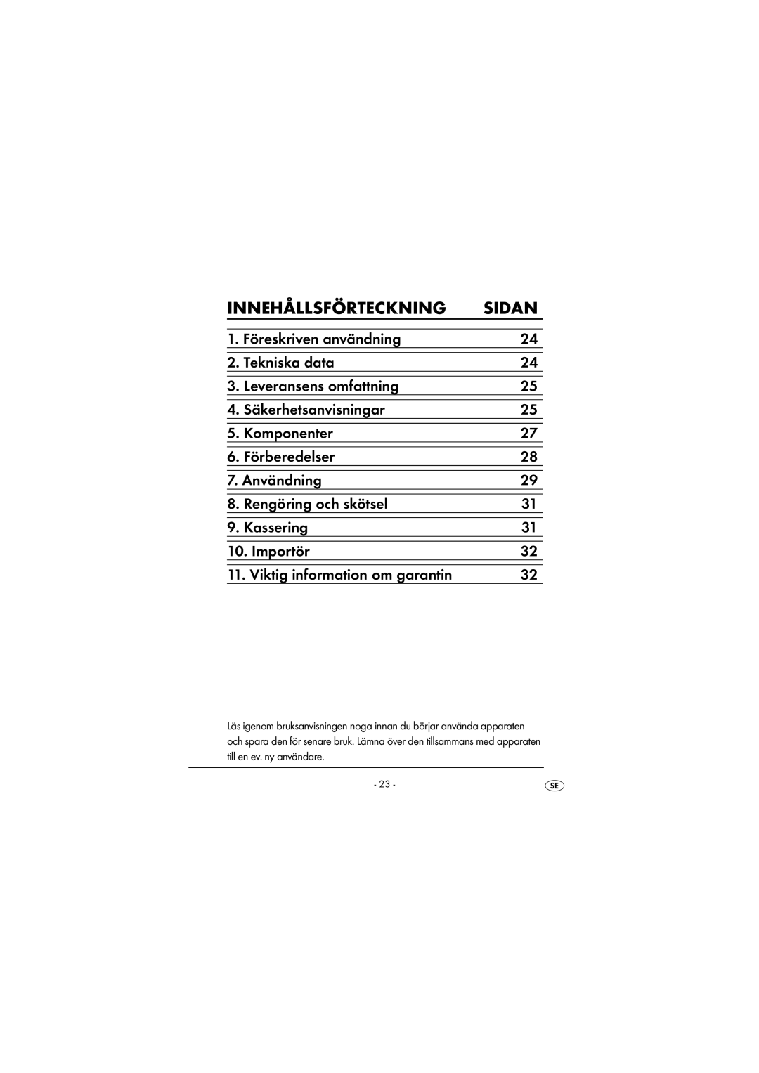 Kompernass KH 2243 manual Innehållsförteckning 