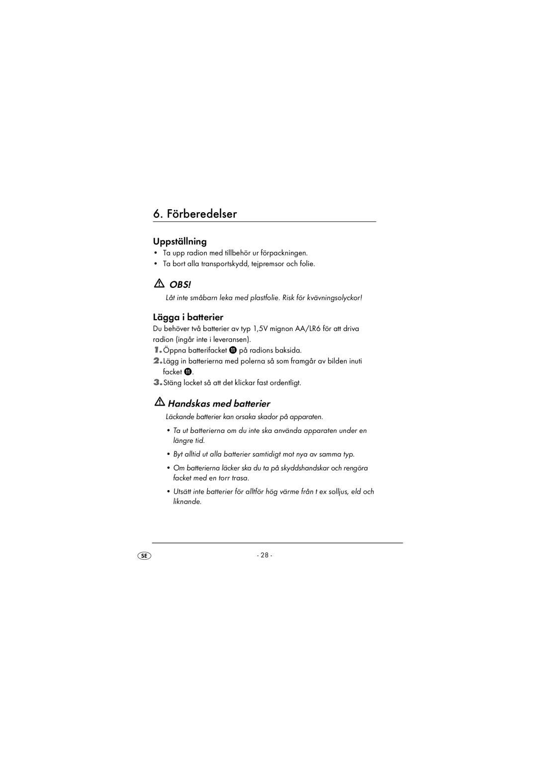 Kompernass KH 2243 manual Förberedelser, Uppställning, Lägga i batterier, Handskas med batterier 