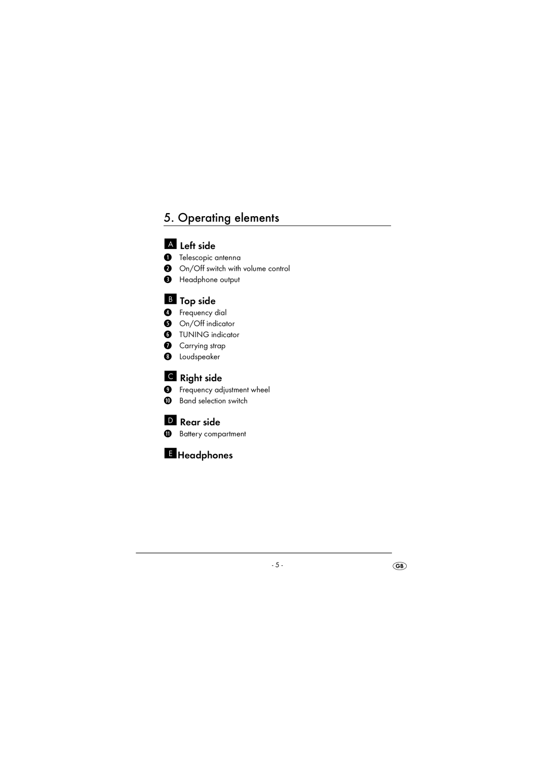 Kompernass KH 2243 manual Operating elements, Left side, Right side, Rear side 