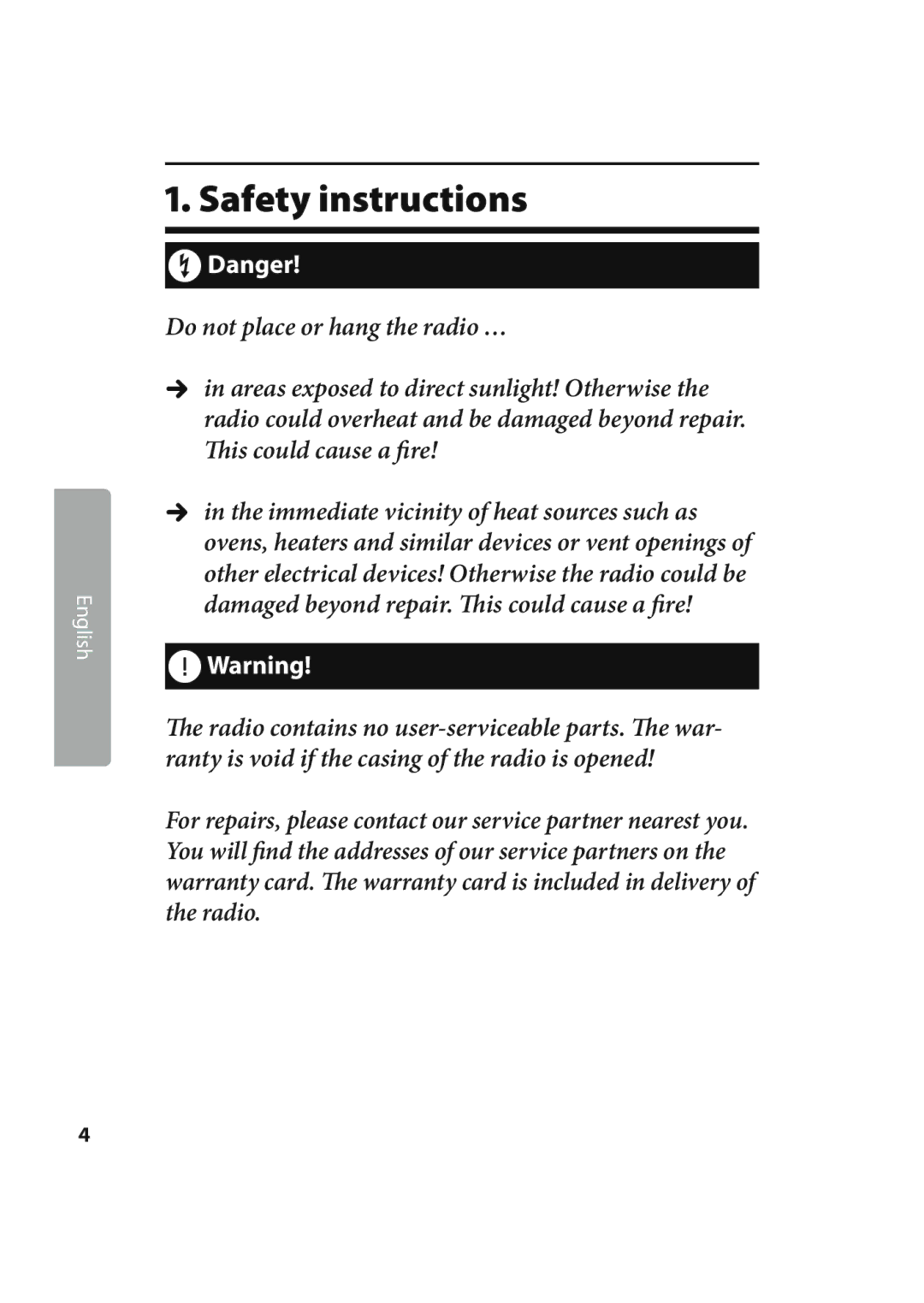 Kompernass KH 2244 manual Safety instructions, Do not place or hang the radio … 