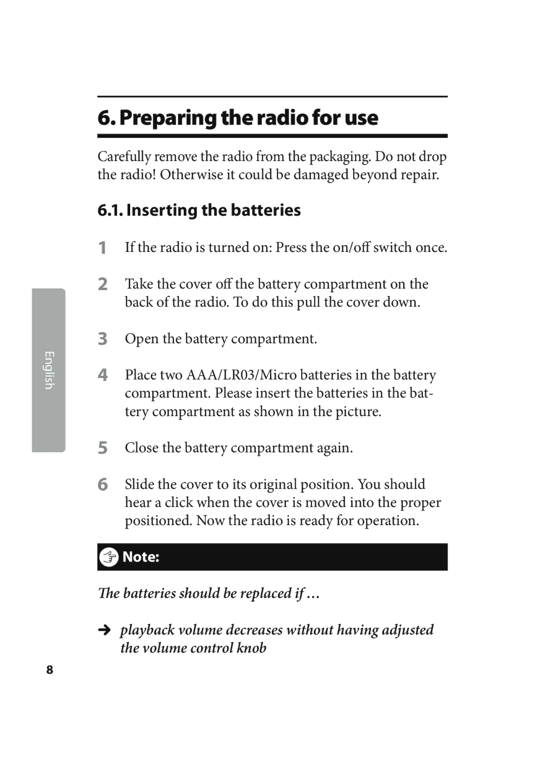 Kompernass KH 2244 manual Preparing the radio for use, Inserting the batteries 