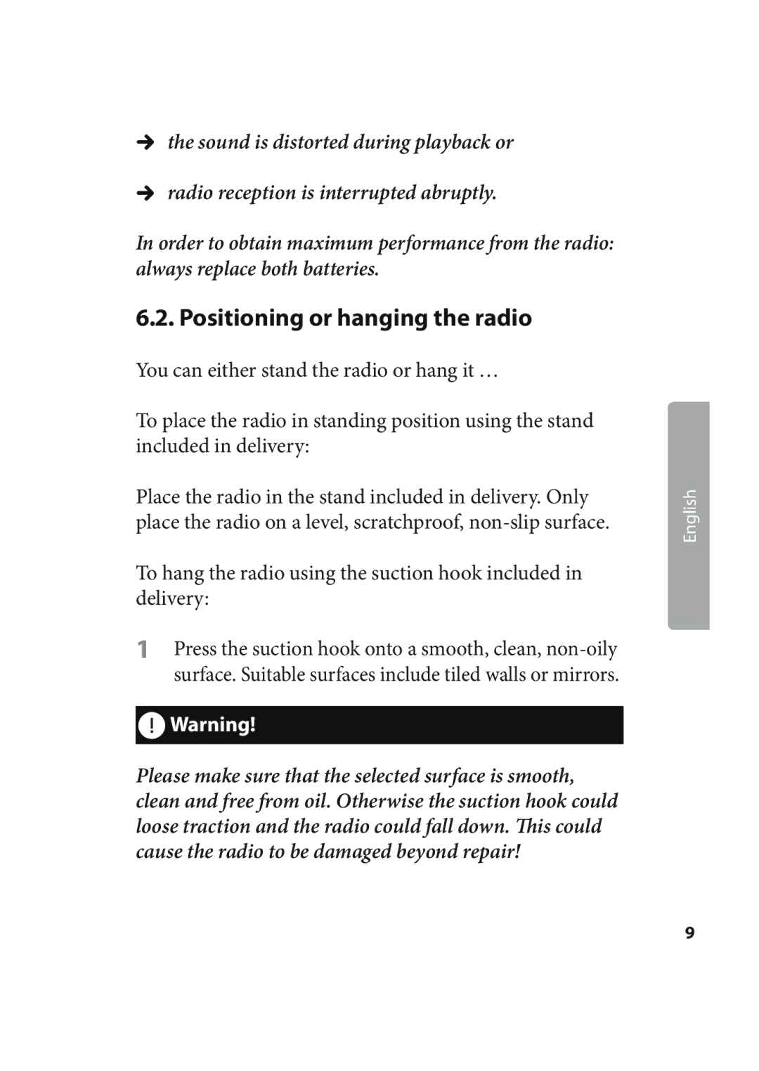 Kompernass KH 2244 manual Positioning or hanging the radio 