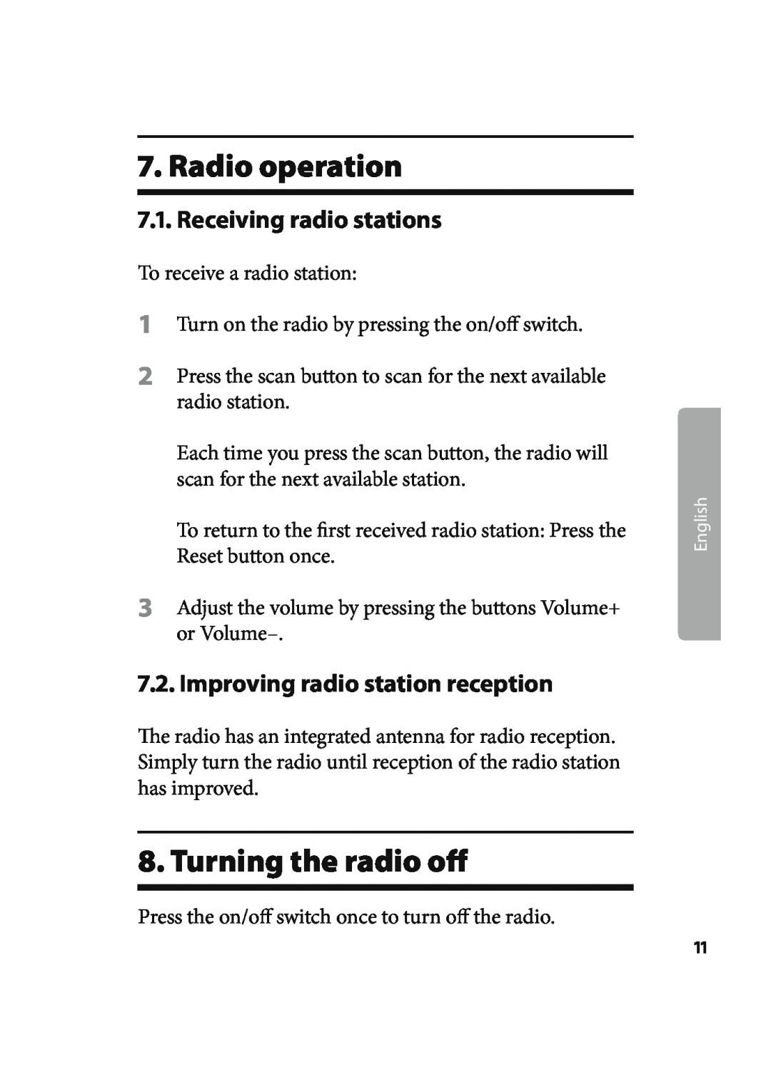 Kompernass KH 2244 Radio operation, Turning the radio oﬀ, Receiving radio stations, Improving radio station reception 